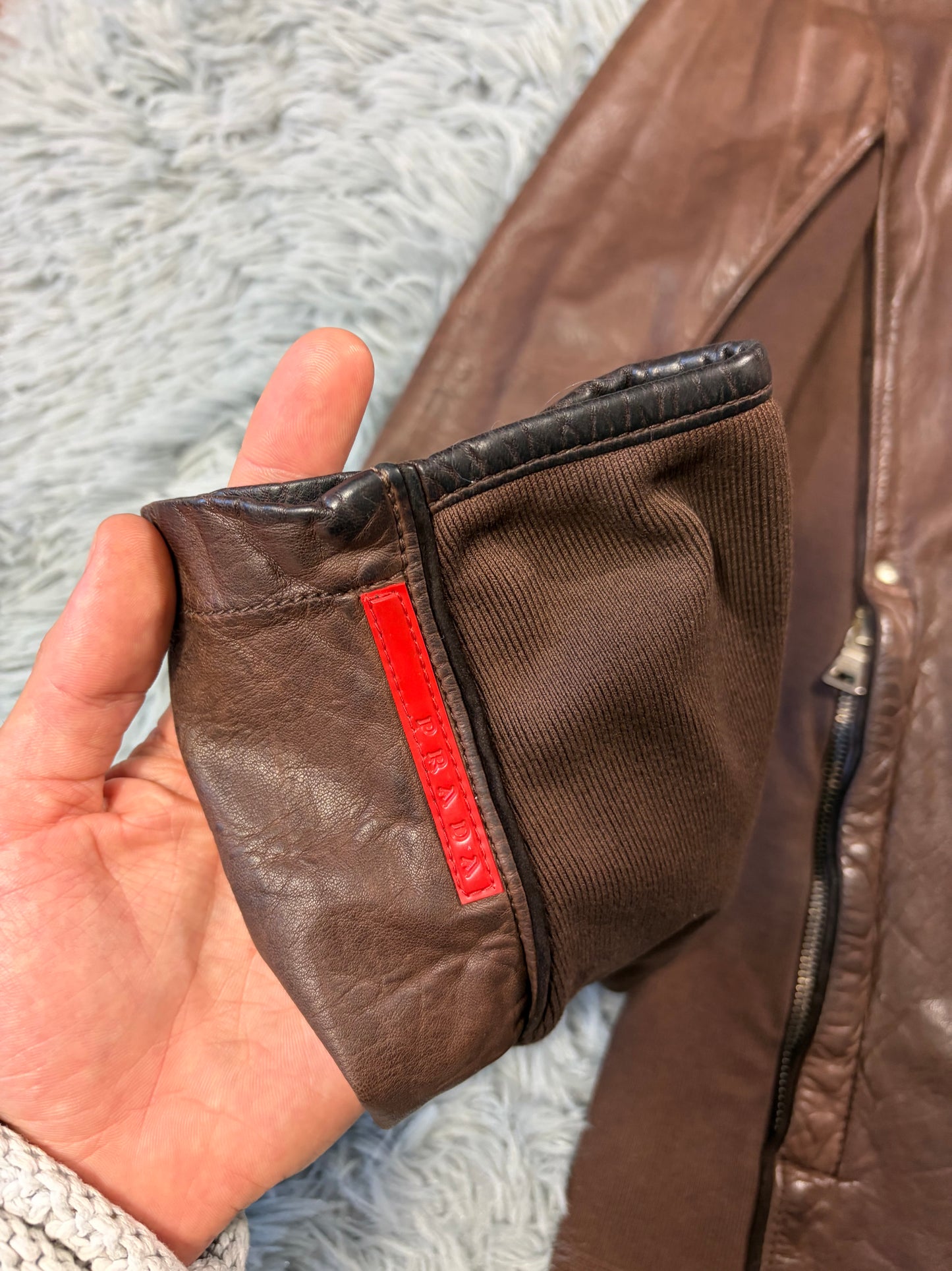 Prada Sport 2004 Brown Leather + Cotton Panelled Biker Jacket - L