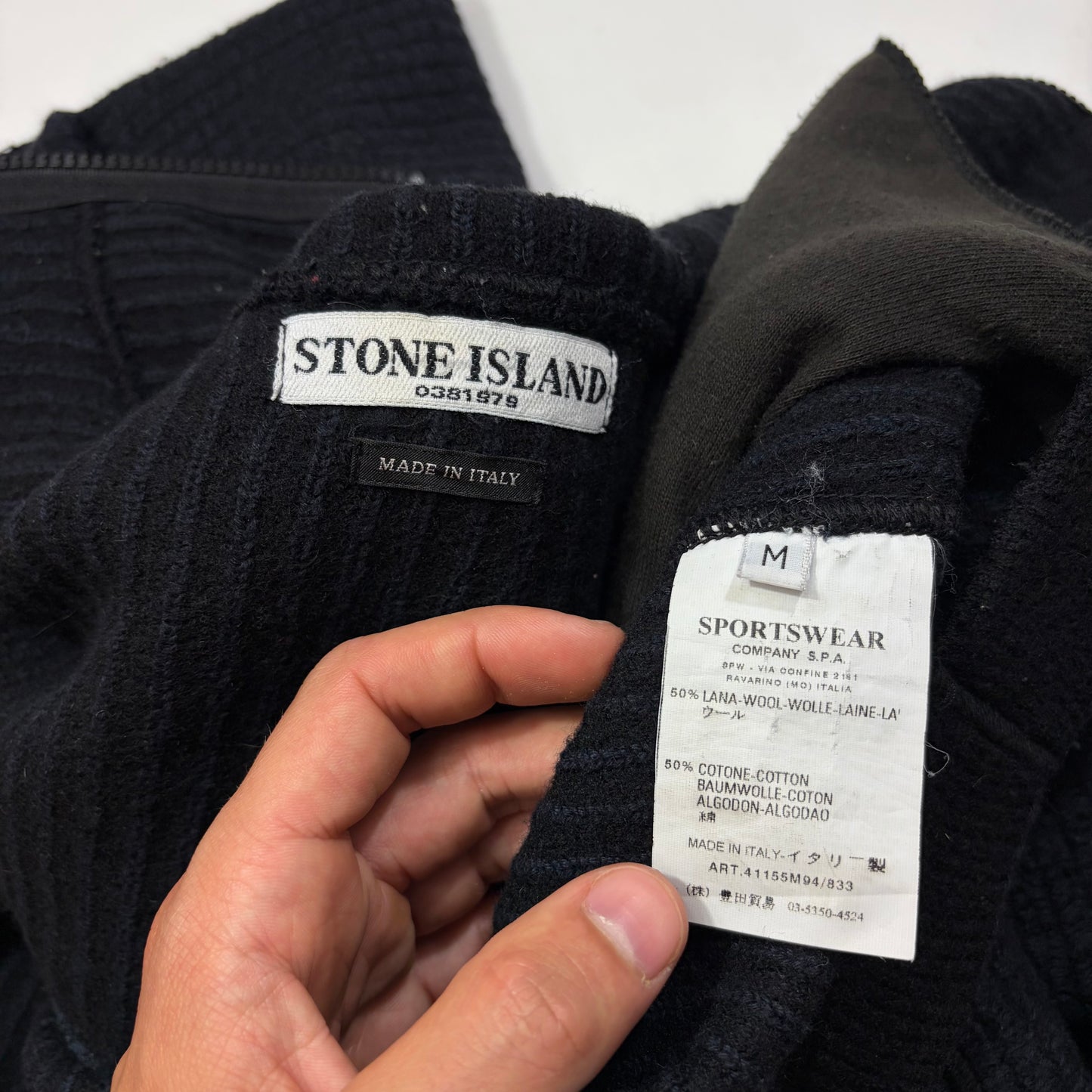 Stone Island AW04 Heavy Ribbed Knit Spellout Hoodie Jacket - M