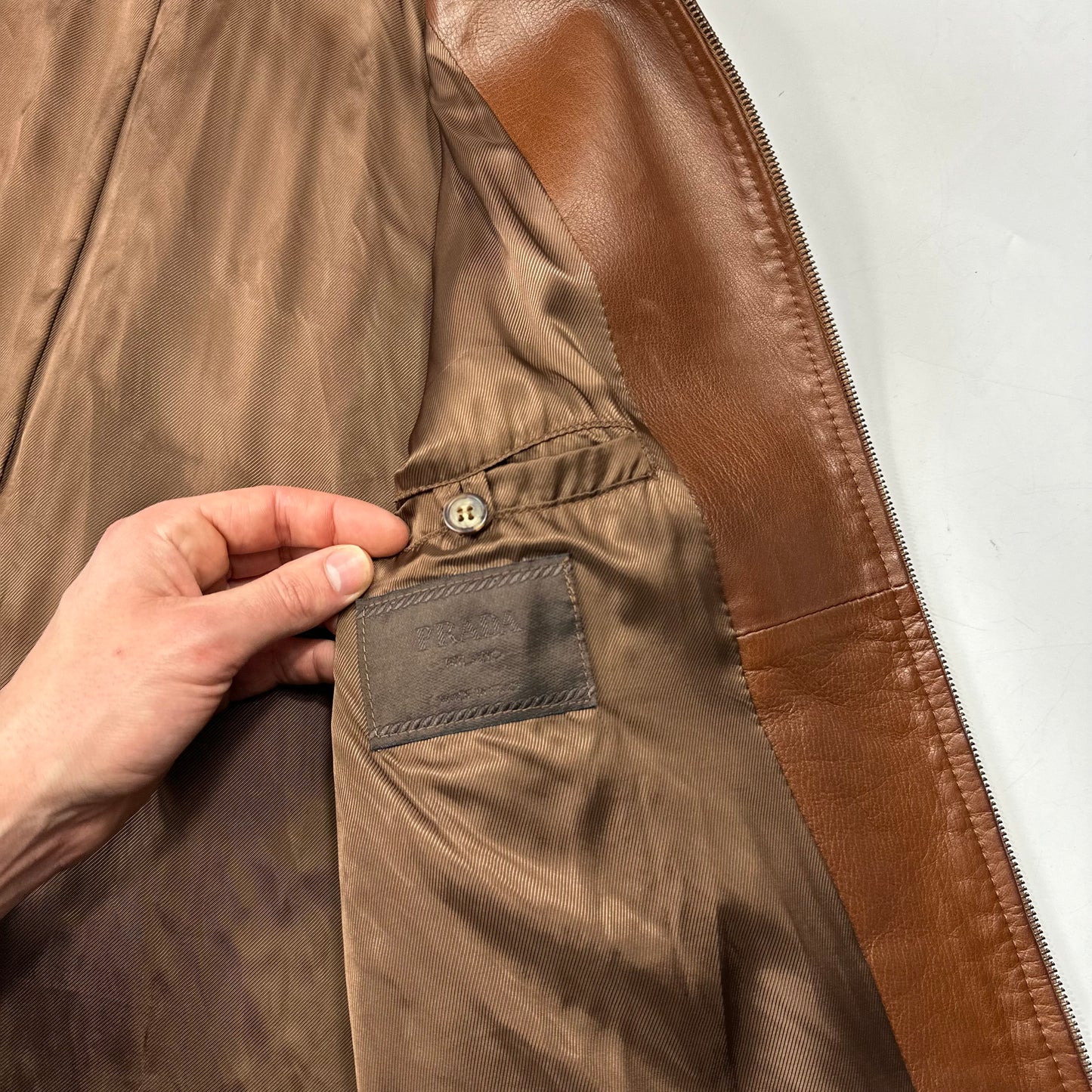 Prada Milano FW98 Whiskey Leather Nylon Lined Zip Work Jacket - IT50