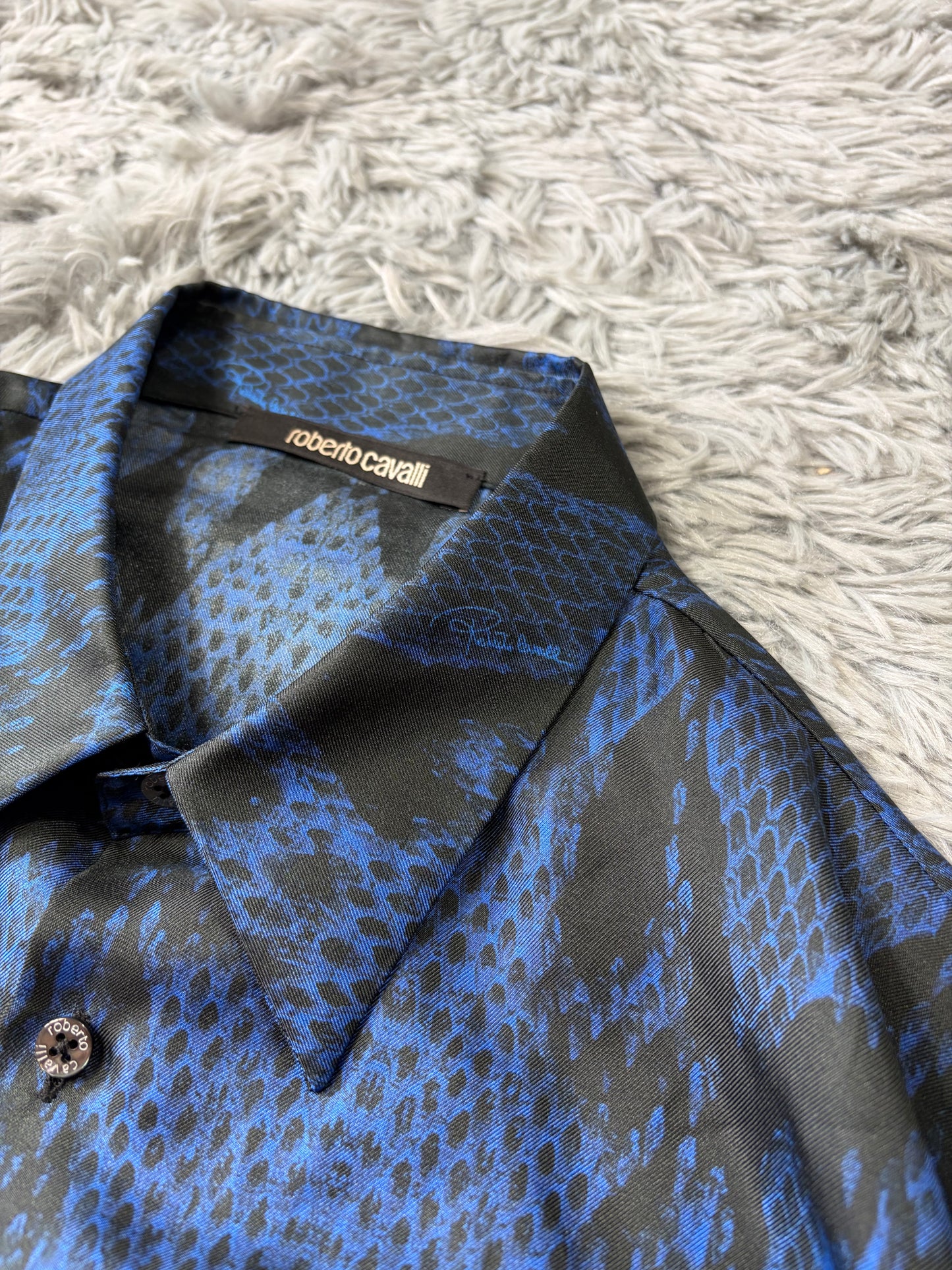 Roberto Cavalli 2023 Silk Python Print Blue Shirt - L