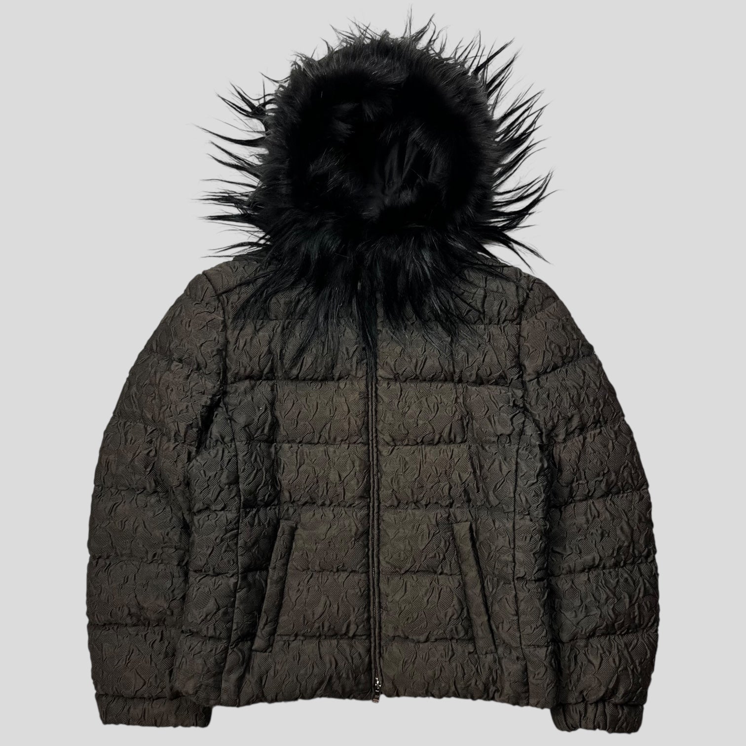 Prada 2014 Extreme Fur Hooded Silk & Wool Textured Puffer Jacket
