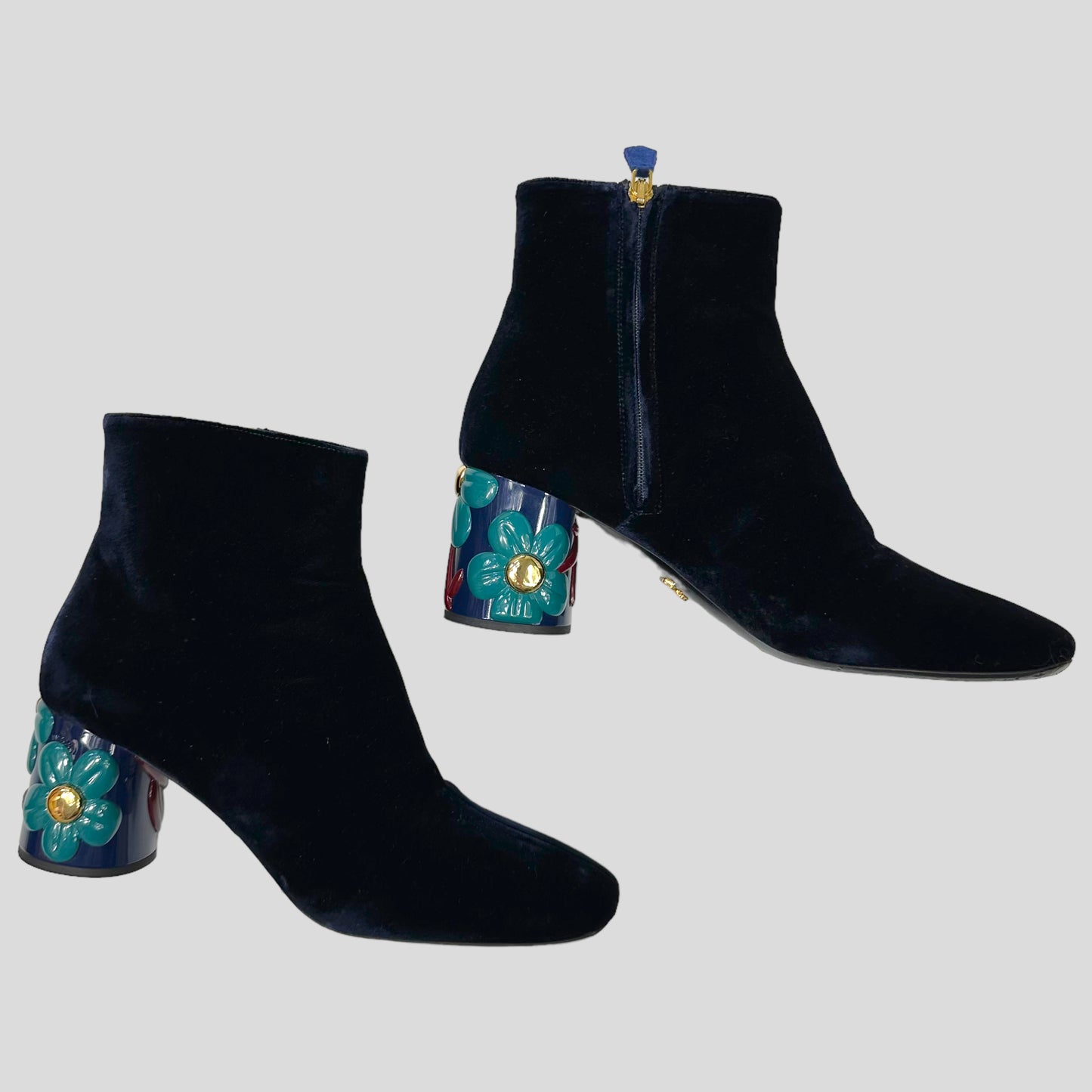 Prada Milano Floral Heel Blue Velvet Boots - UK7