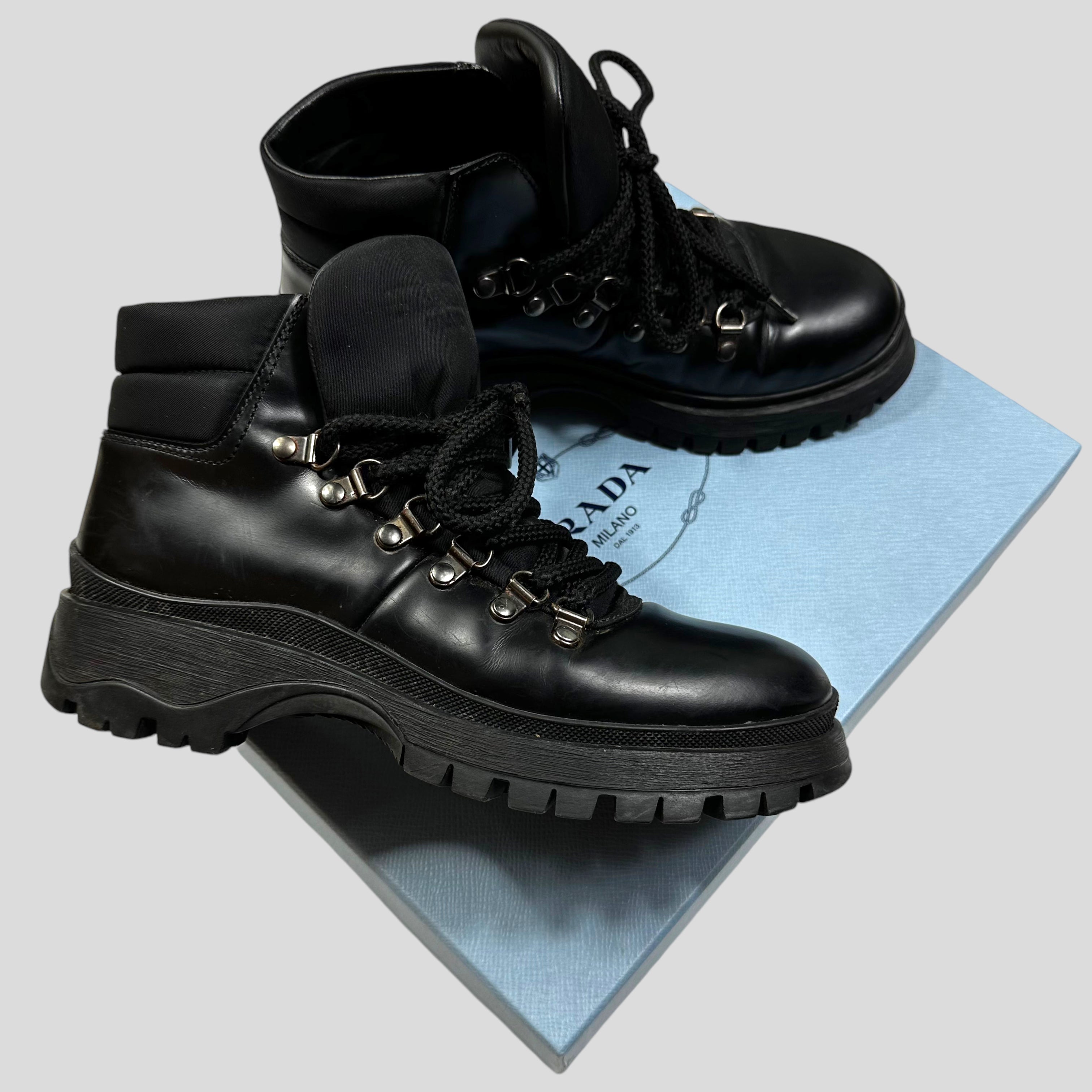 Prada Milano 90 s Leather Nylon Combat Boots UK4