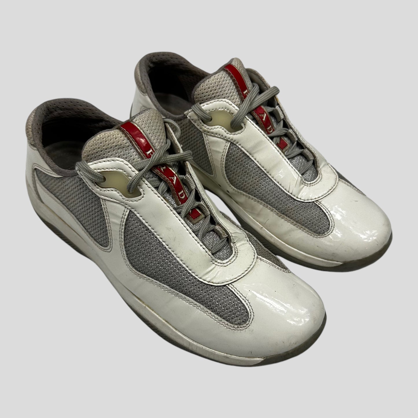 Prada Americas Cup Patent White & Grey Mesh Trainer - UK3.5