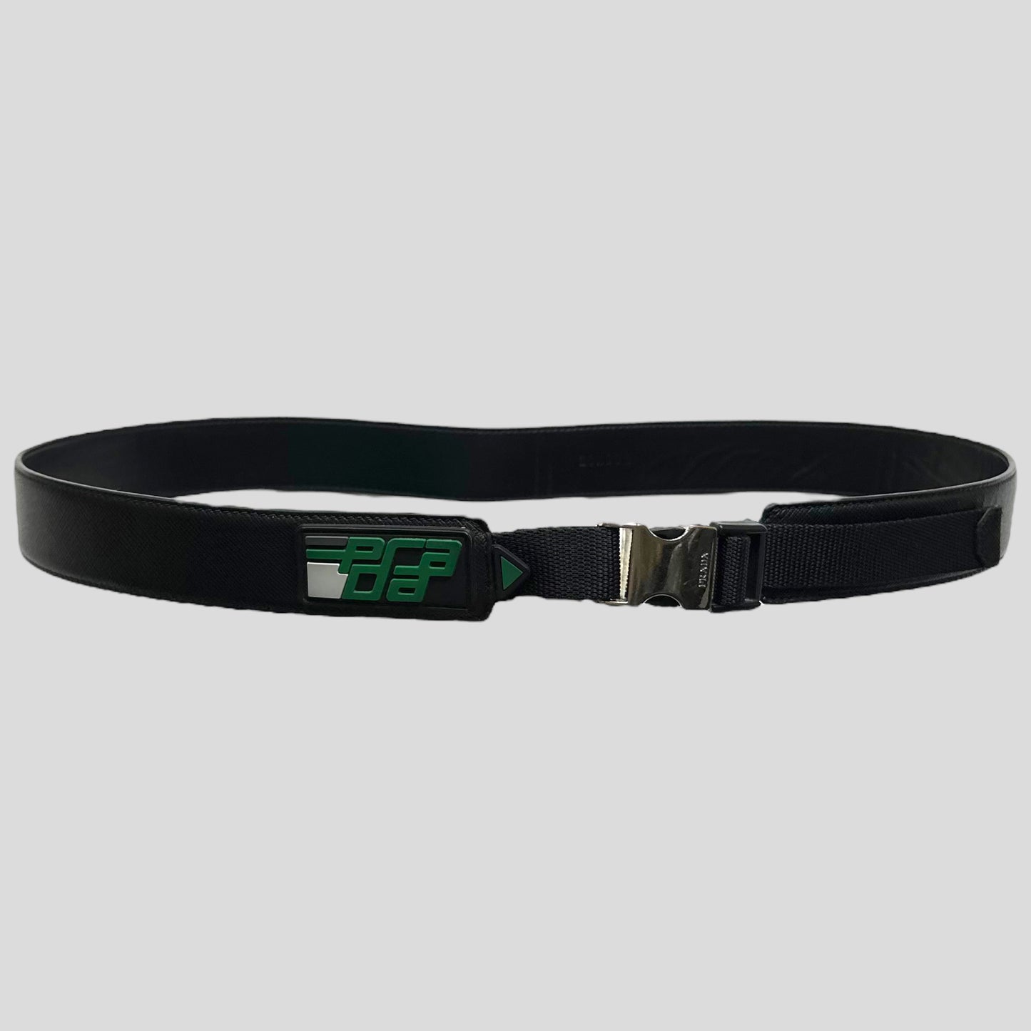 Prada 2018 Rubber Race Logo Saffiano Leather Belt