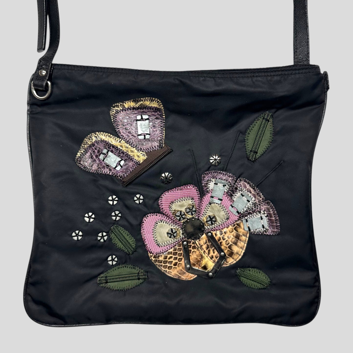 Prada Milano 00’s Python Leather Appliqué Reversible Nylon Crossbody Bag