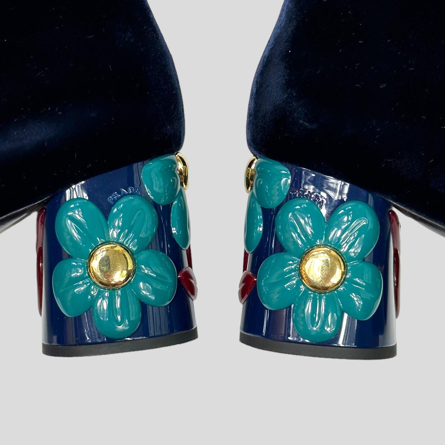 Prada Milano Floral Heel Blue Velvet Boots - UK7