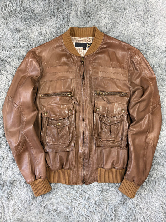 Just Cavalli SS07 Leather 3D Cargo Pocket Pleated Western Bomber - M