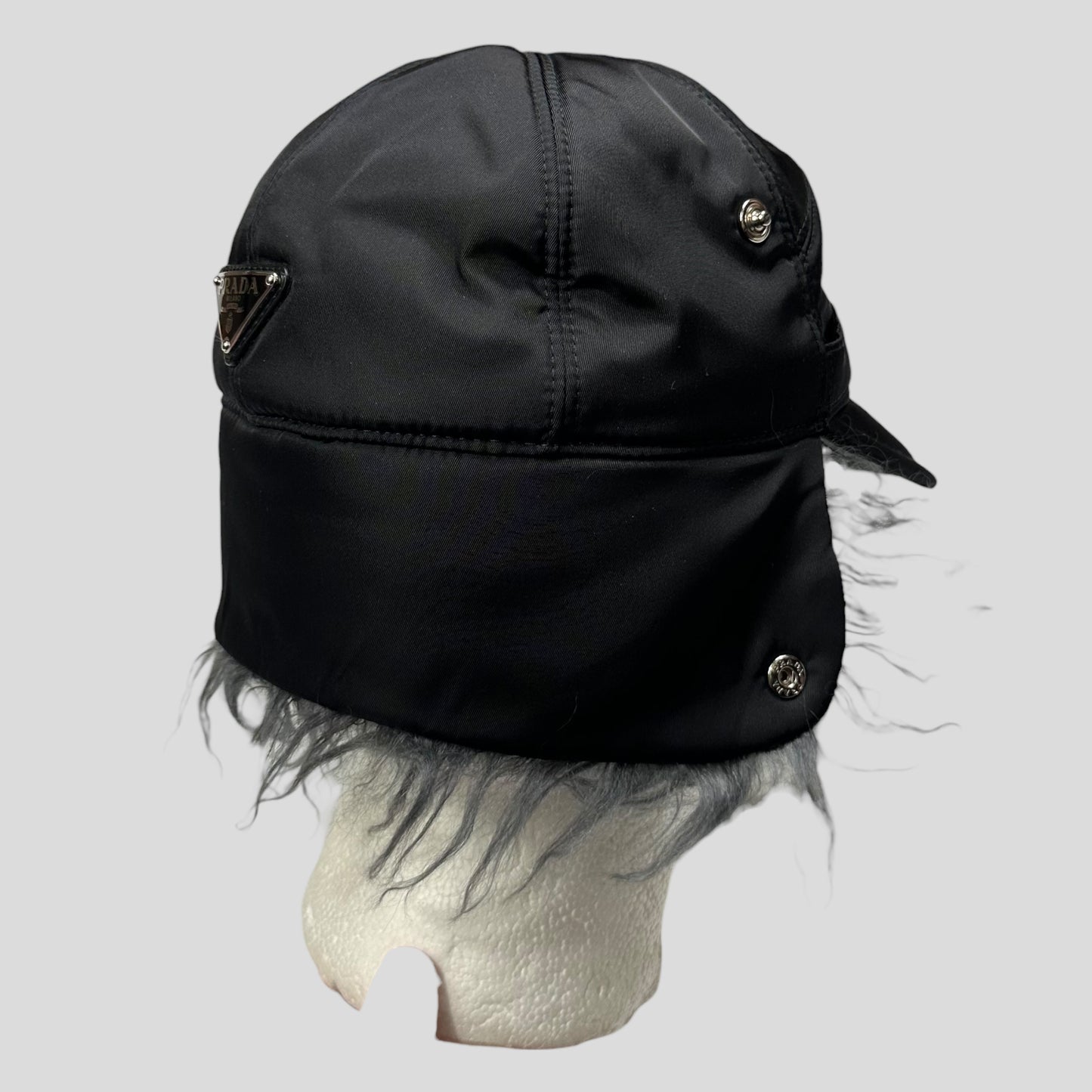 Prada Milano FW19 Mohair & Wool Triangle Logo Nylon Trapper Hat - S/M