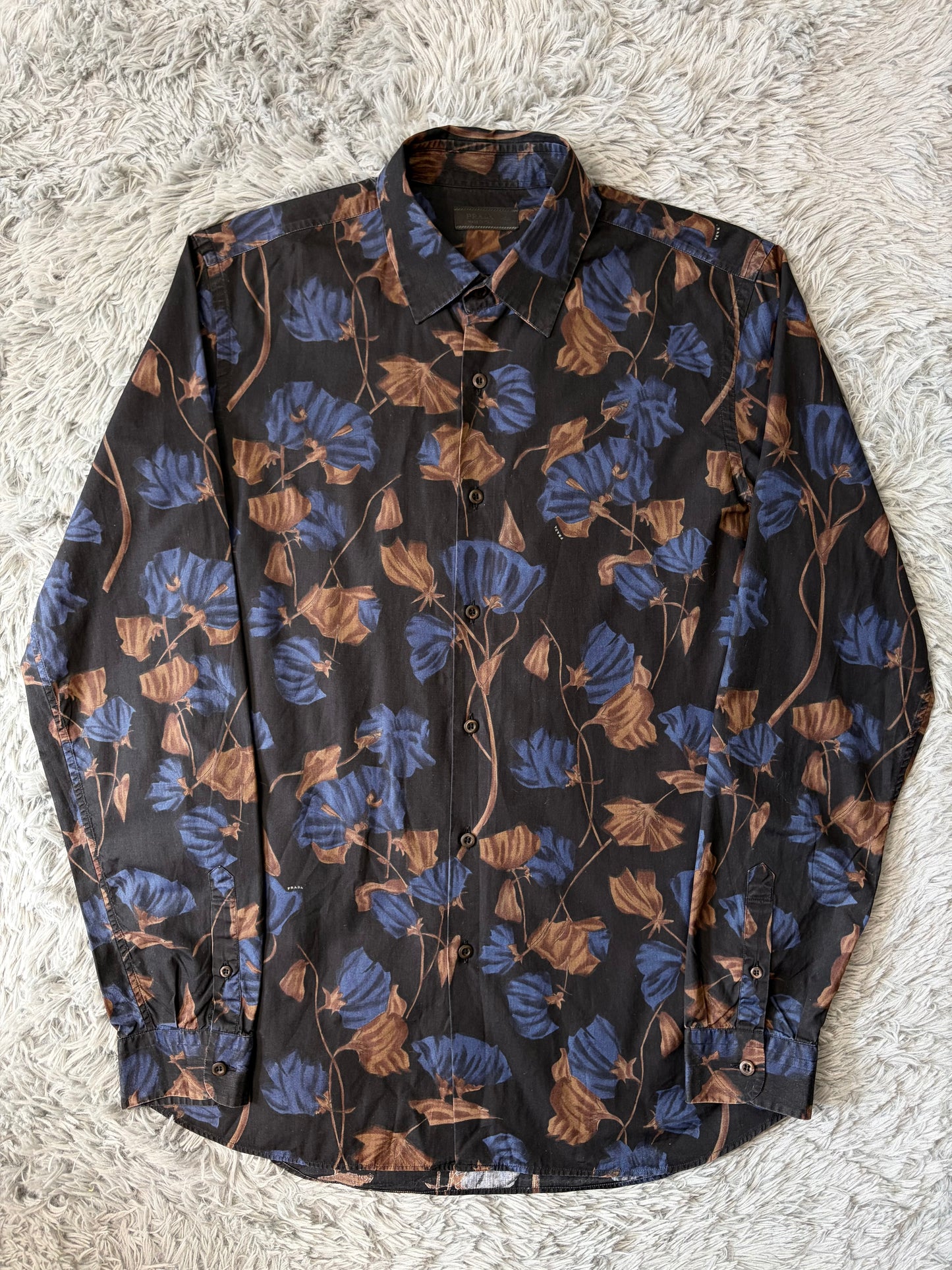 Prada Milano 2008 Hibiscus Black Floral Logo Shirt - M/L