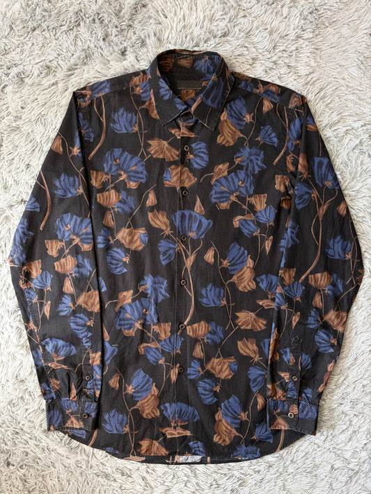 Prada Milano 2008 Hibiscus Black Floral Logo Shirt - M/L