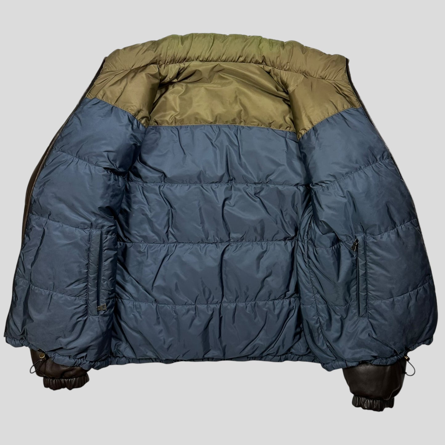 Prada Milano 2012 Leather Reversible Triangle Logo Nylon Puffer Jacket - L