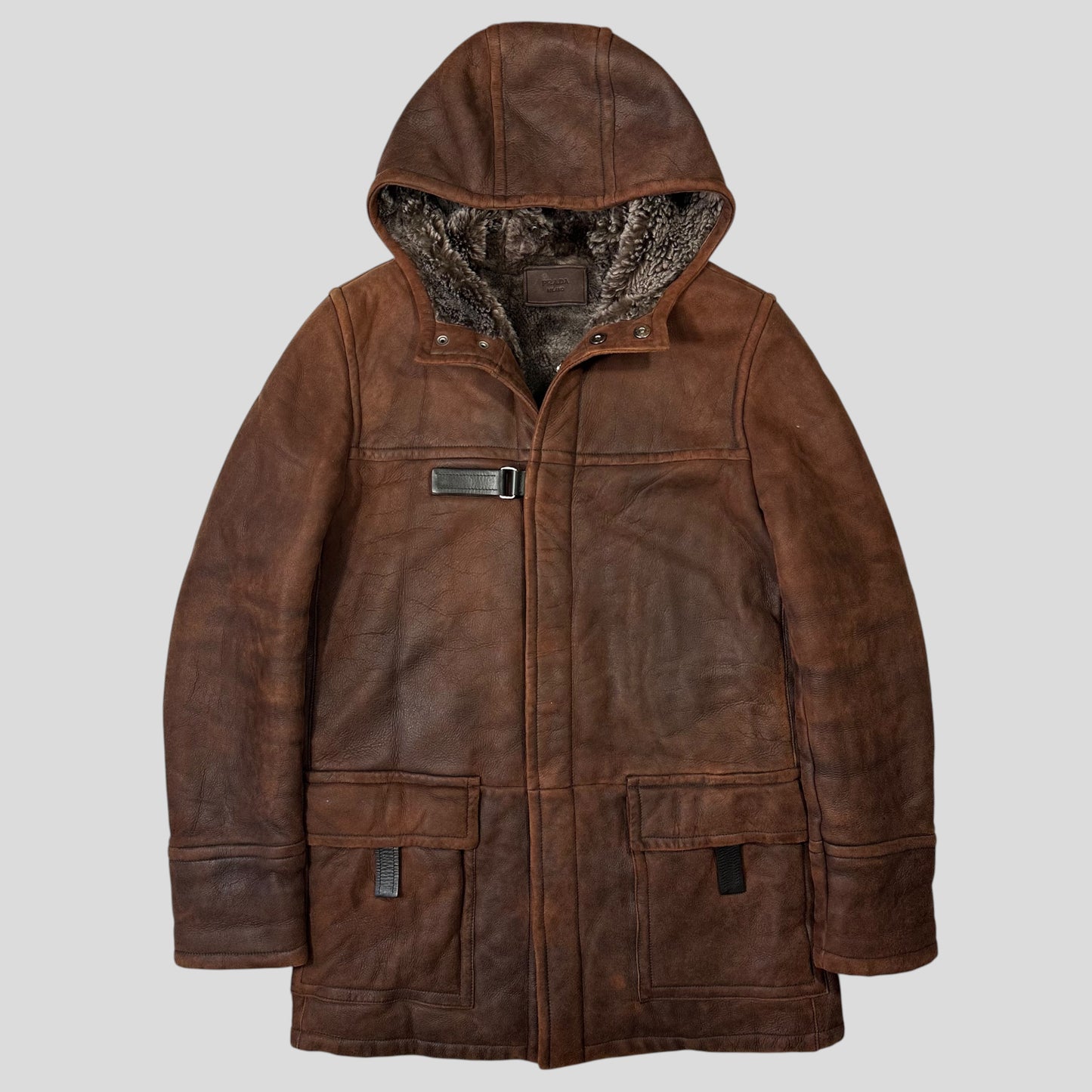 Prada Milano 2010 Sheepskin Fur & Leather Strap Hooded Coat - IT50