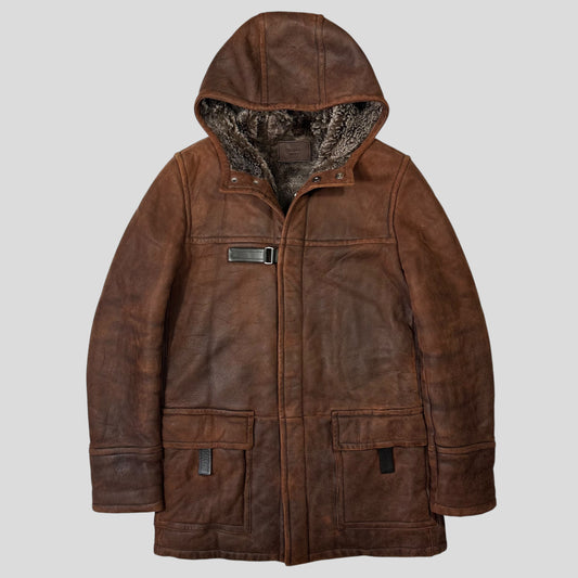 Prada Milano 2010 Sheepskin Fur & Leather Strap Hooded Coat - IT50