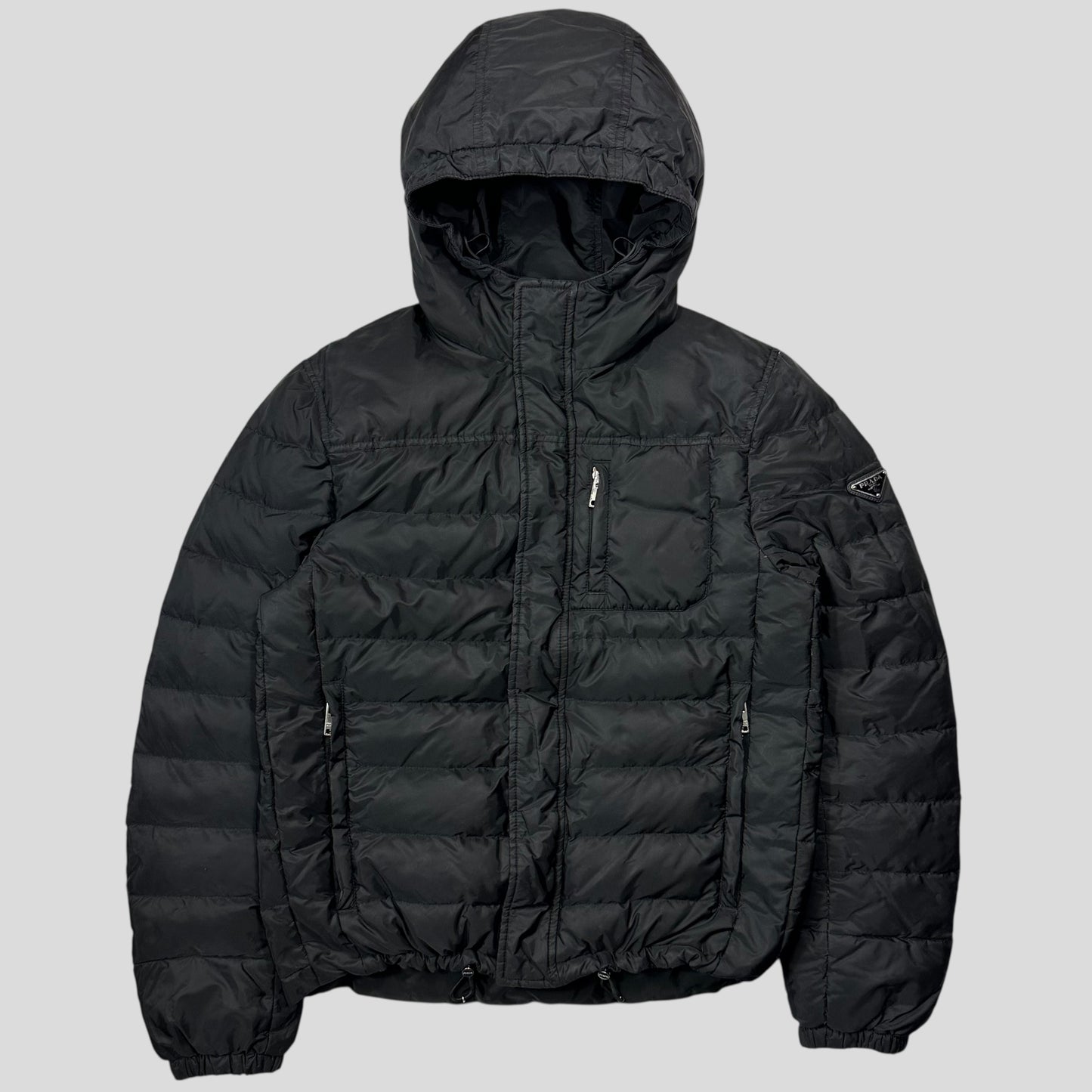 Prada 2018 Nylon Down Tri-Pocket Plaque Logo Puffer - S/M