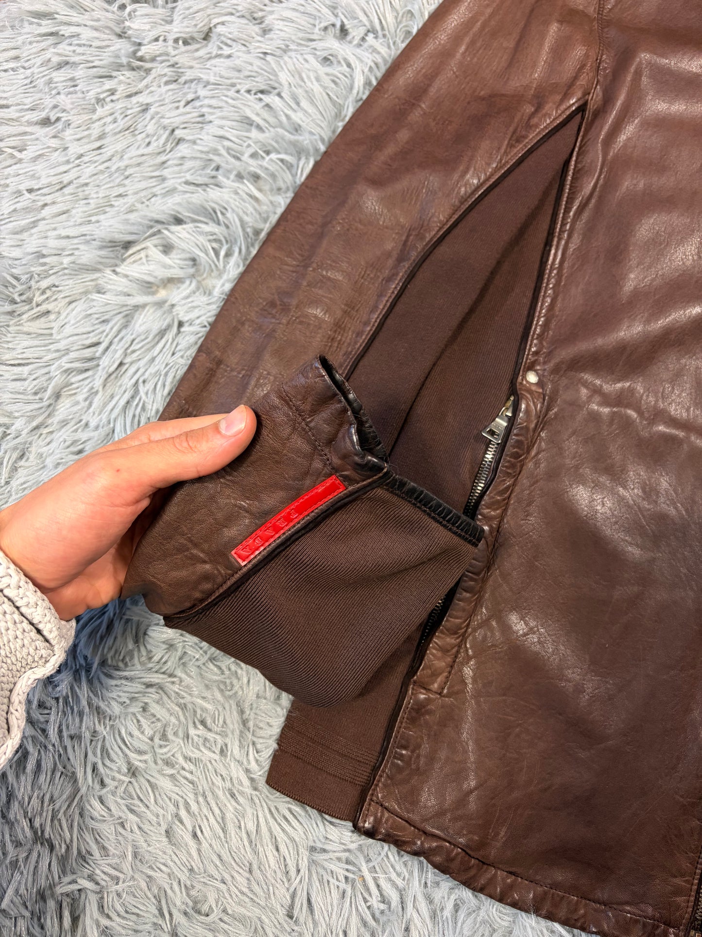 Prada Sport 2004 Brown Leather + Cotton Panelled Biker Jacket - L