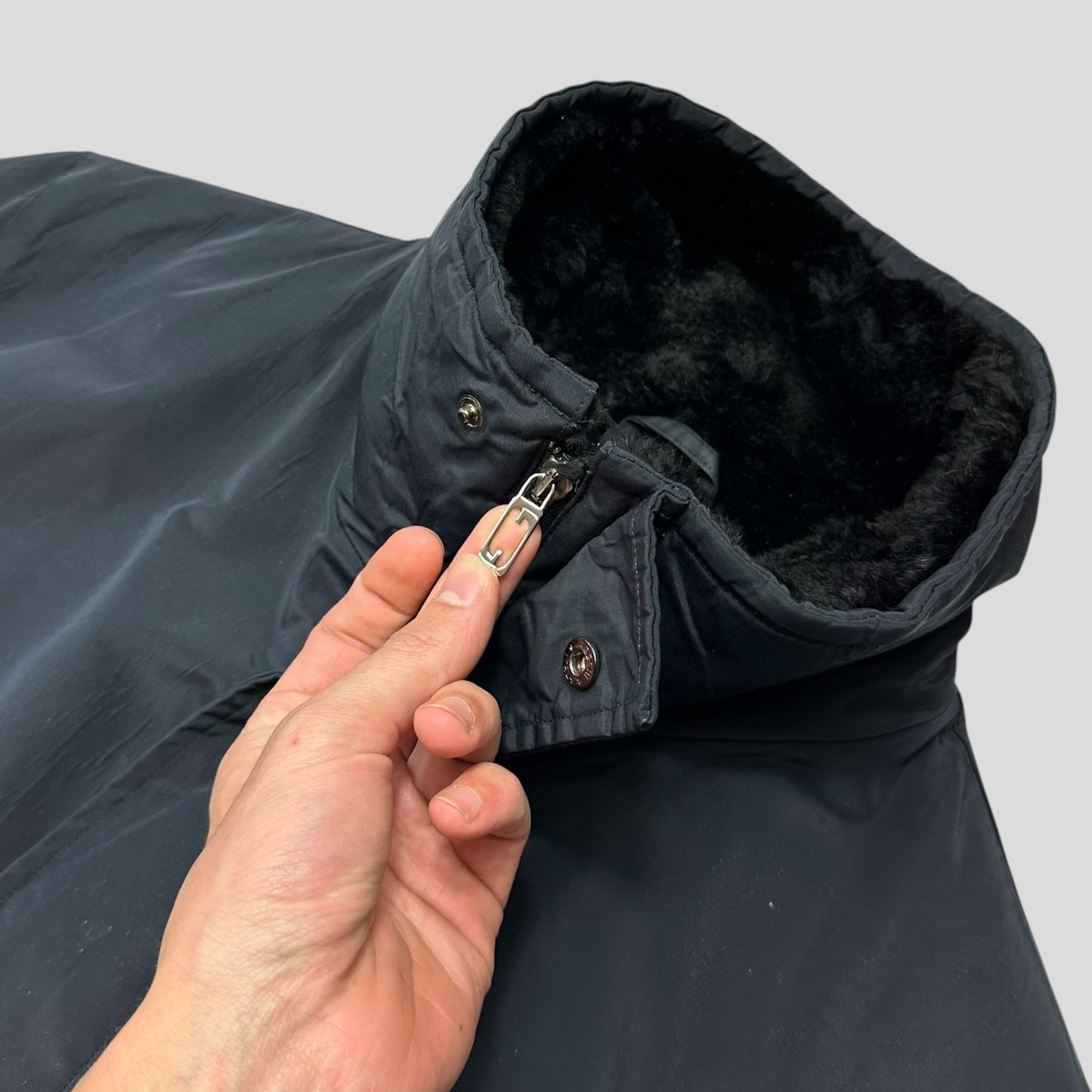 Gucci by Tom Ford 1999 Ballistic Nylon Taped Seam Shearling Collar Coat - L