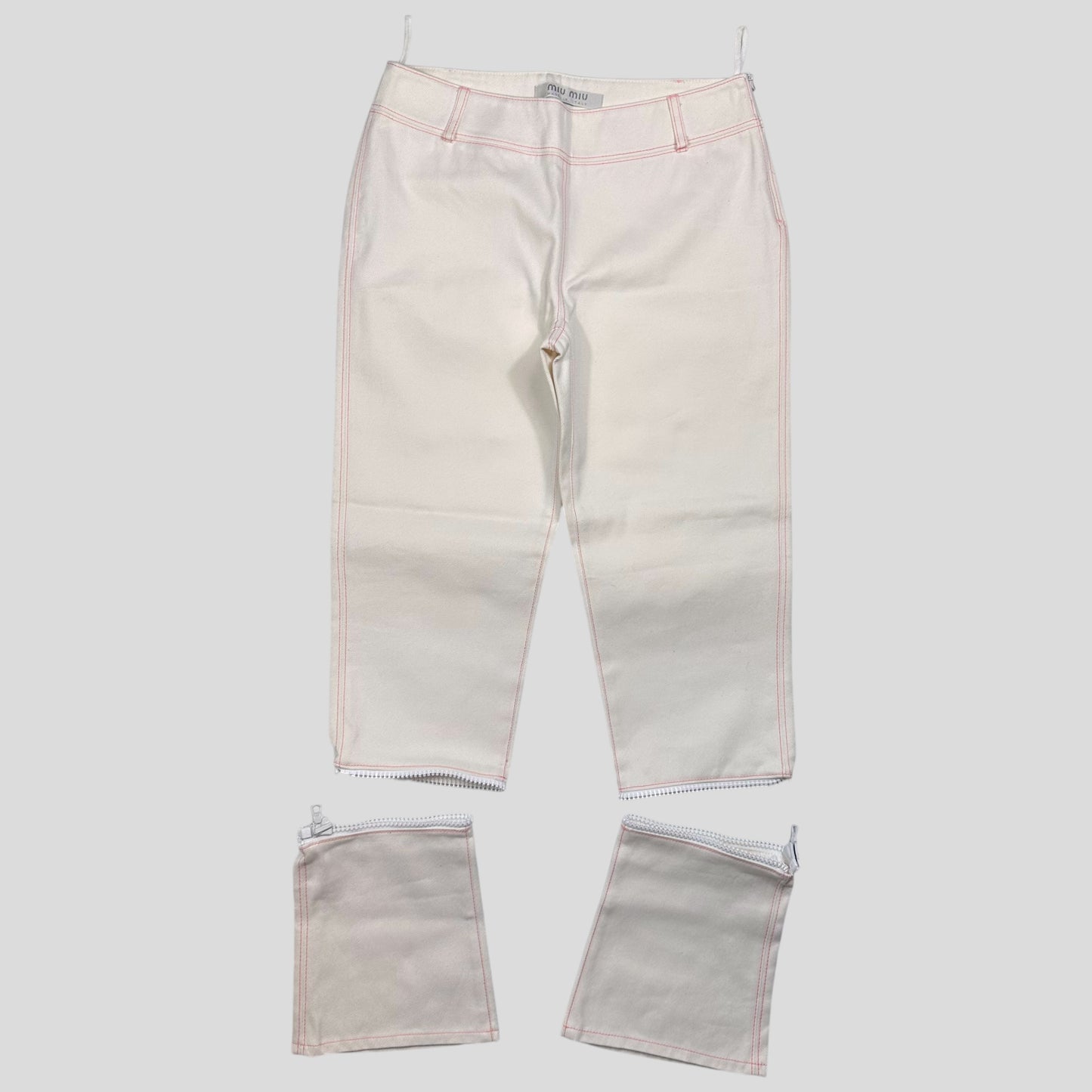 Miu Miu SS00 White and Pink Contrast Stitch Zip-off Bell Trousers - IT42