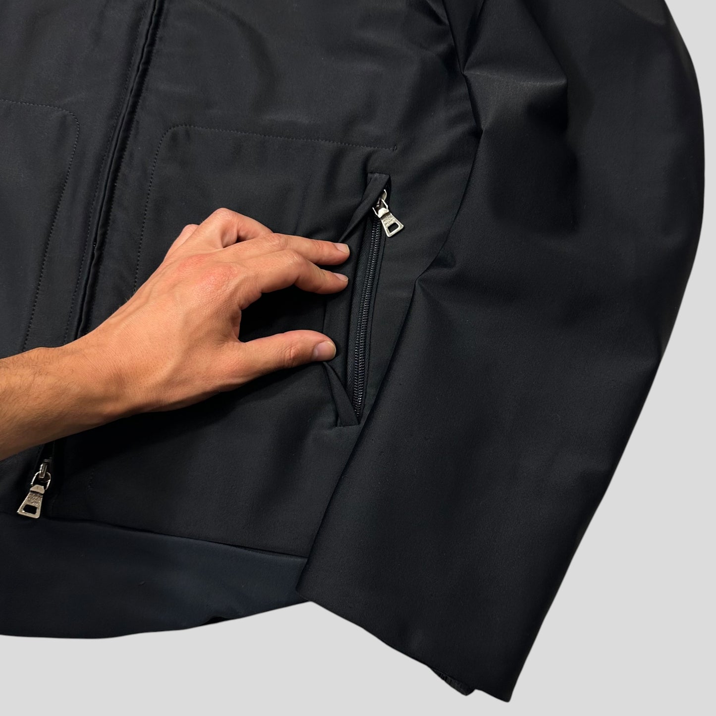 Prada Sport 1999 Jet Black Stash Pocket Soft Nylon Cycle Jacket - IT48