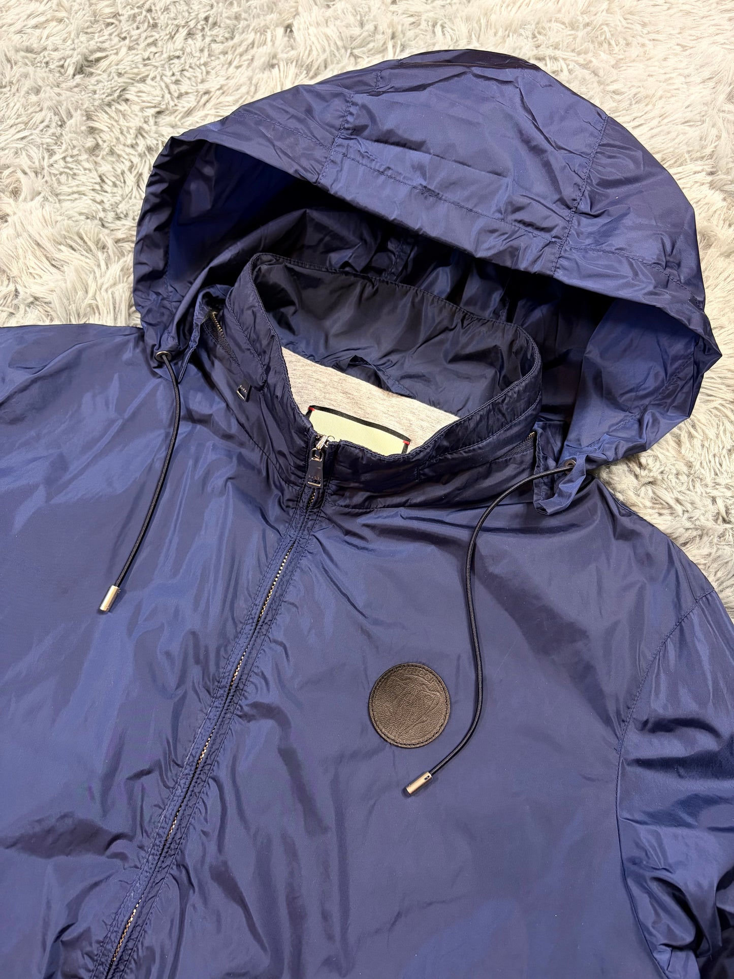 Gucci 2017 Metallic Blue Leather Crest Logo Nylon Jacket - M