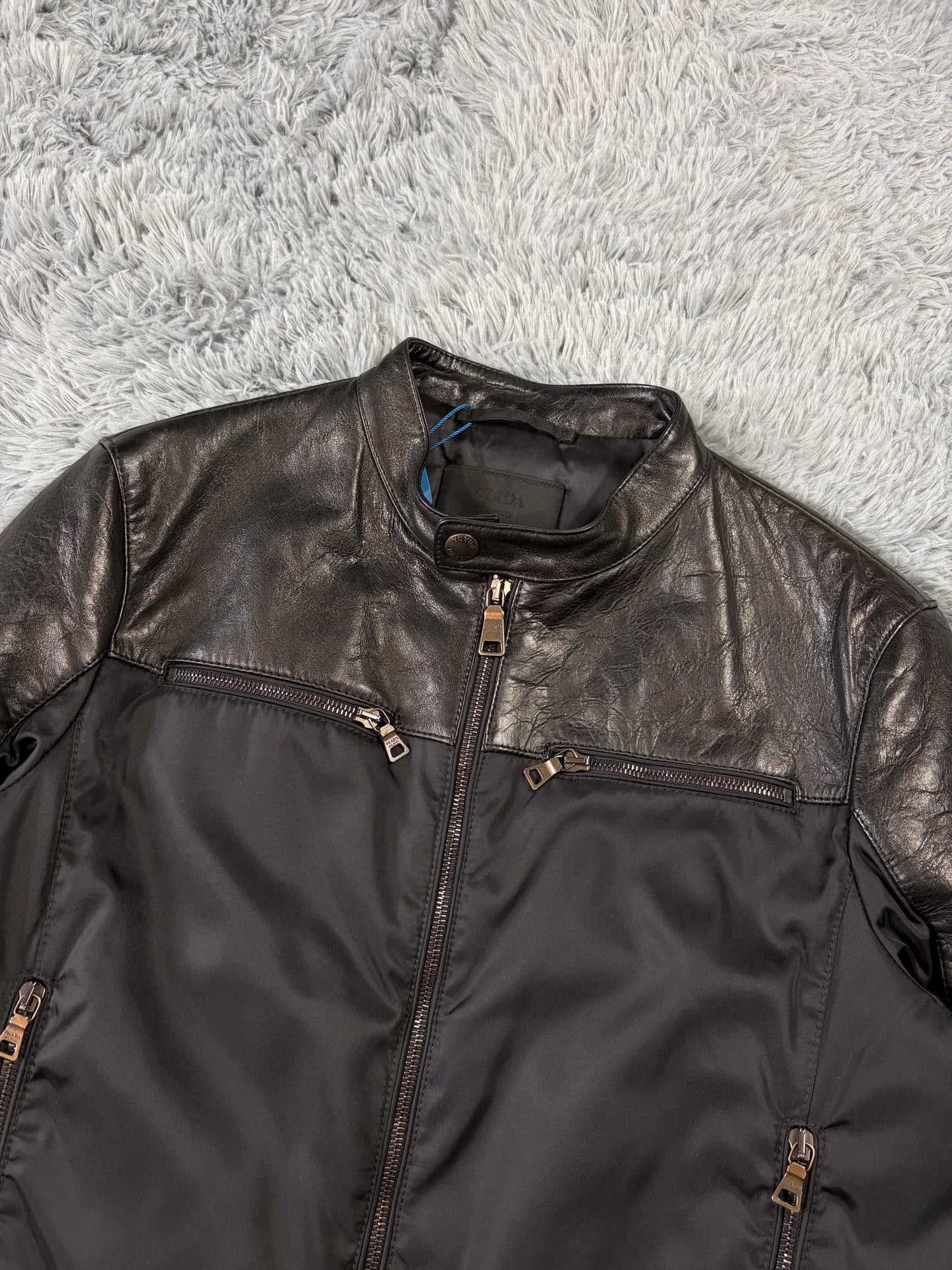 Prada Milano 2011 Gabardine Nylon Leather Hybrid Biker Jacket - S/M