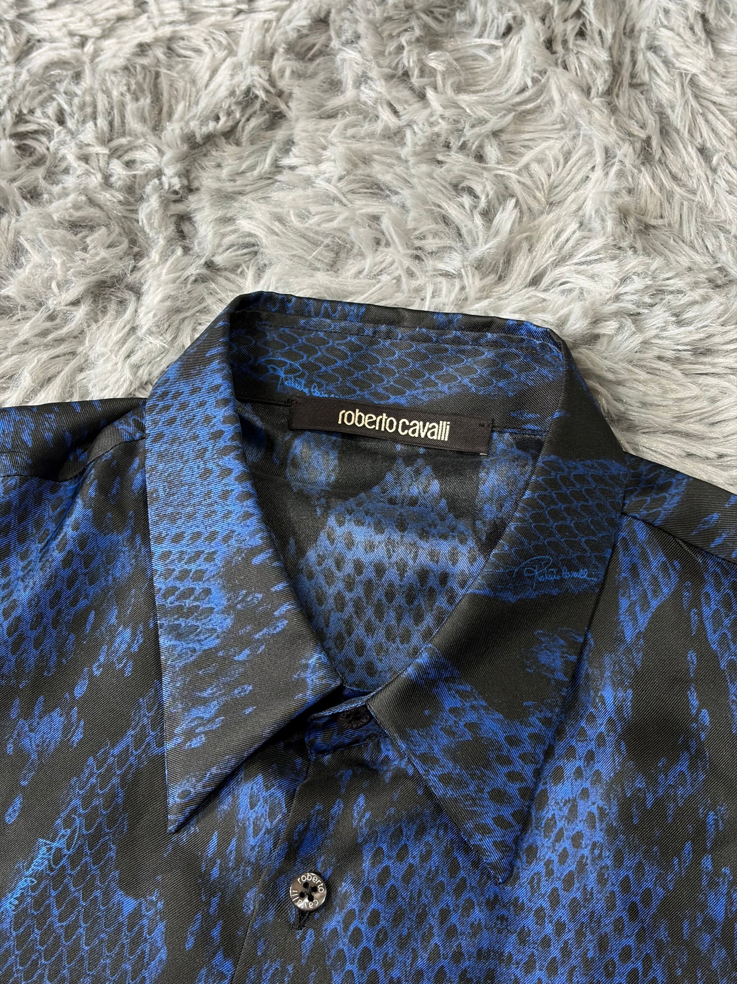 Roberto Cavalli 2023 Silk Python Print Blue Shirt - L