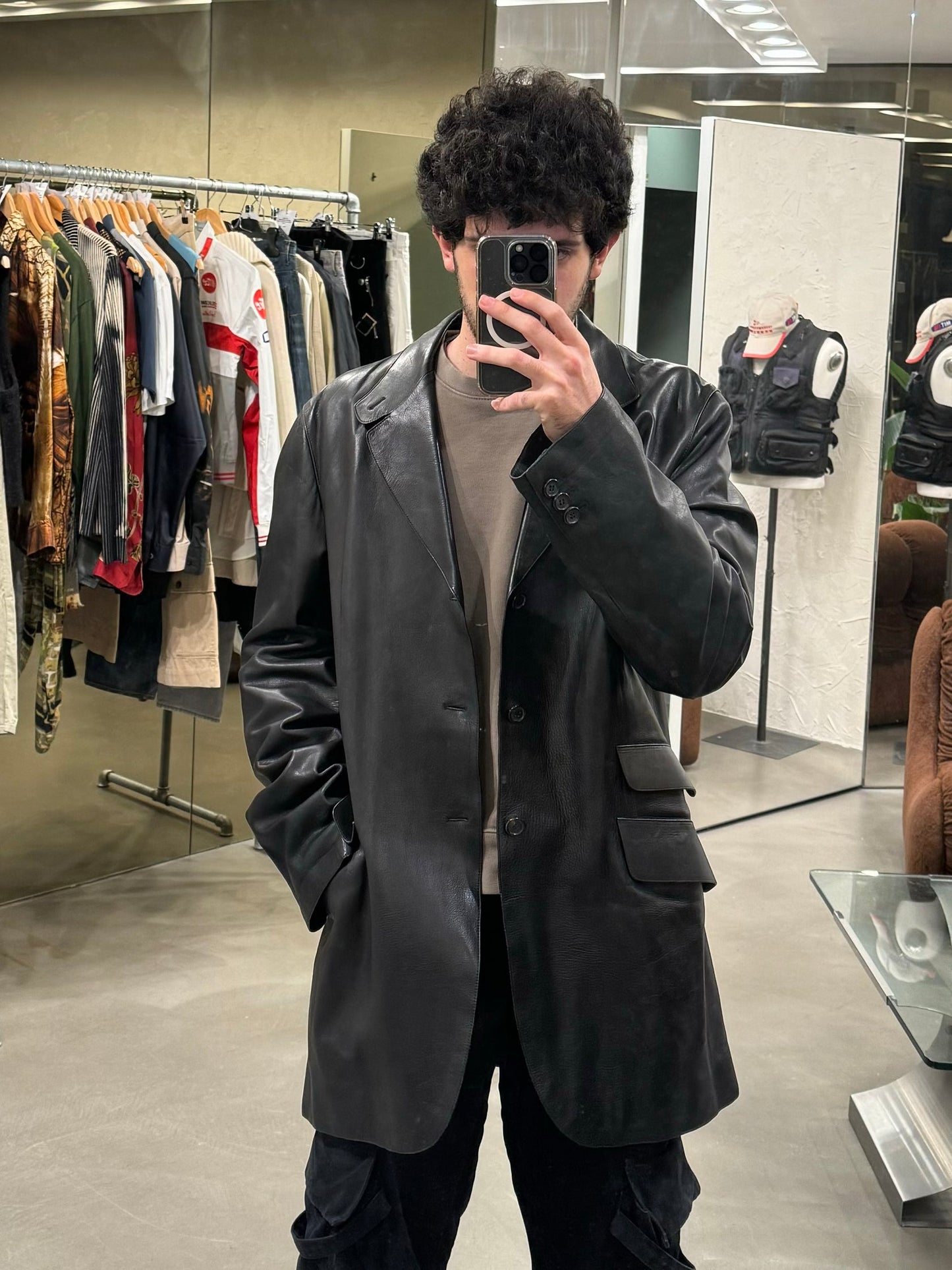 Prada Milano 00’s Black Leather Lined Asymmetric Blazer Coat - IT52