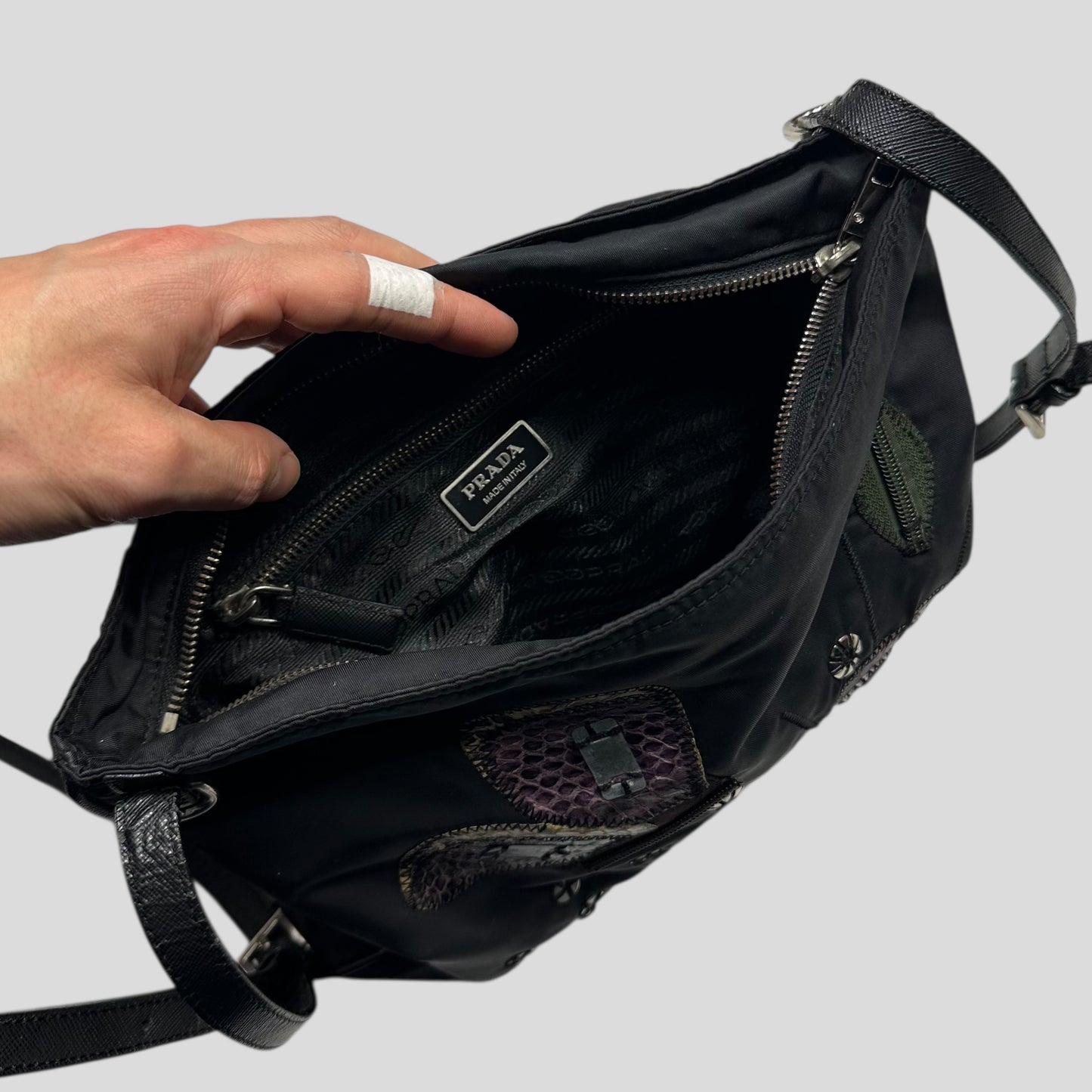 Prada Milano 00’s Python Leather Appliqué Reversible Nylon Crossbody Bag