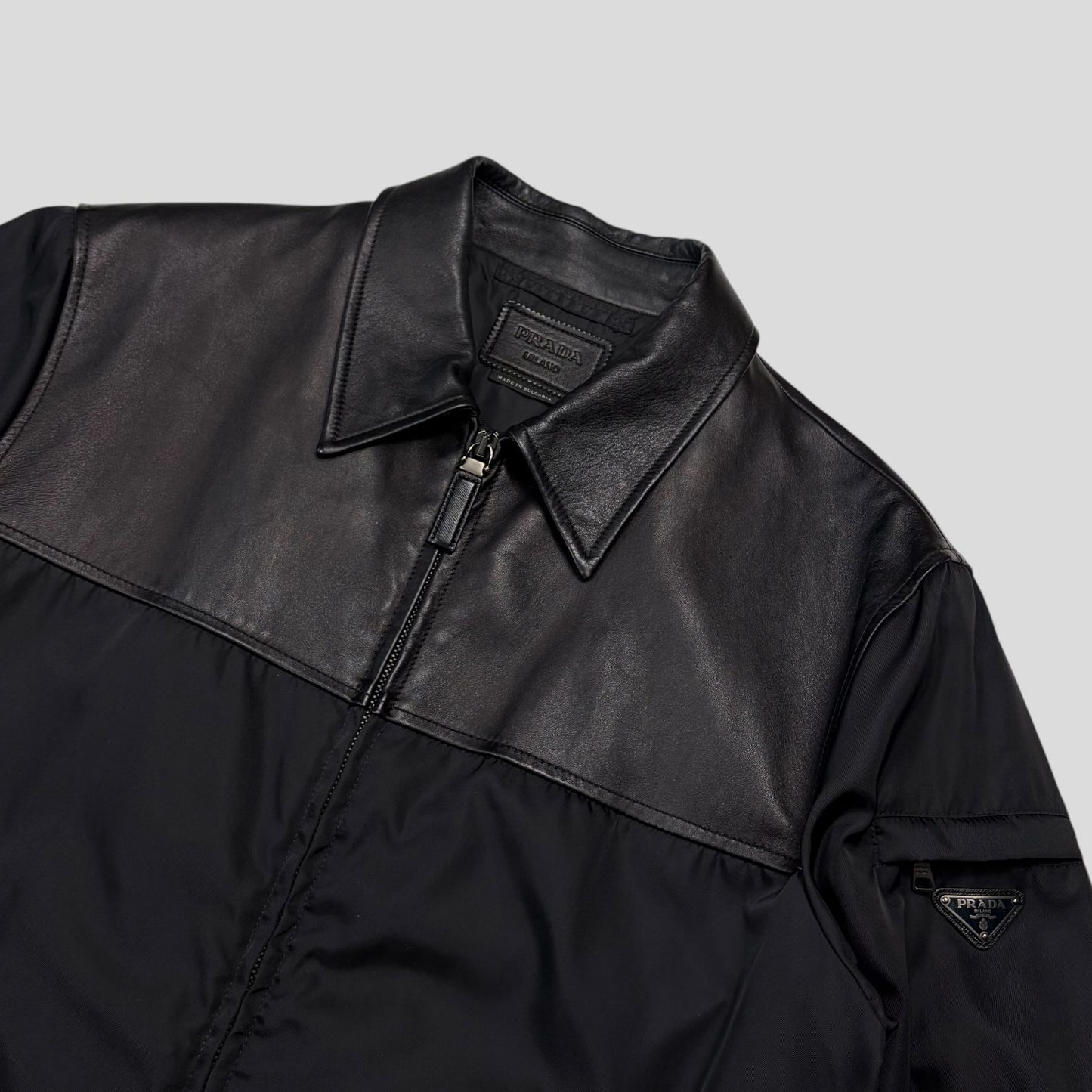 Prada 2013 Triangle Logo Gabardine Nylon & Leather Blouson Jacket - L/XL