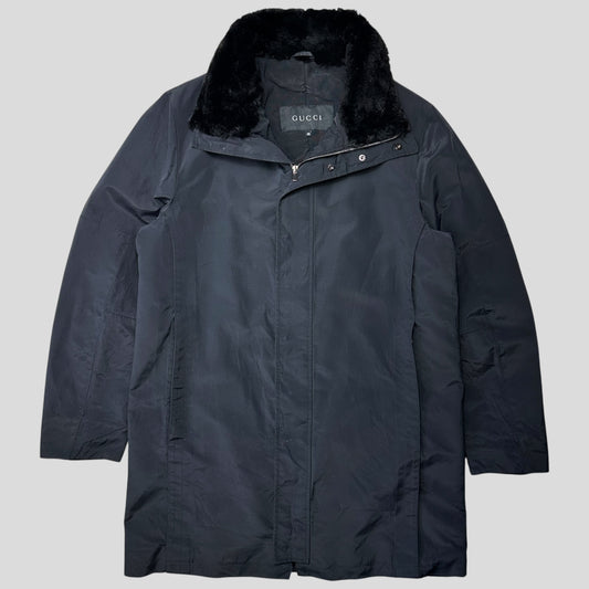 Gucci by Tom Ford 1999 Ballistic Nylon Taped Seam Shearling Collar Coat - L
