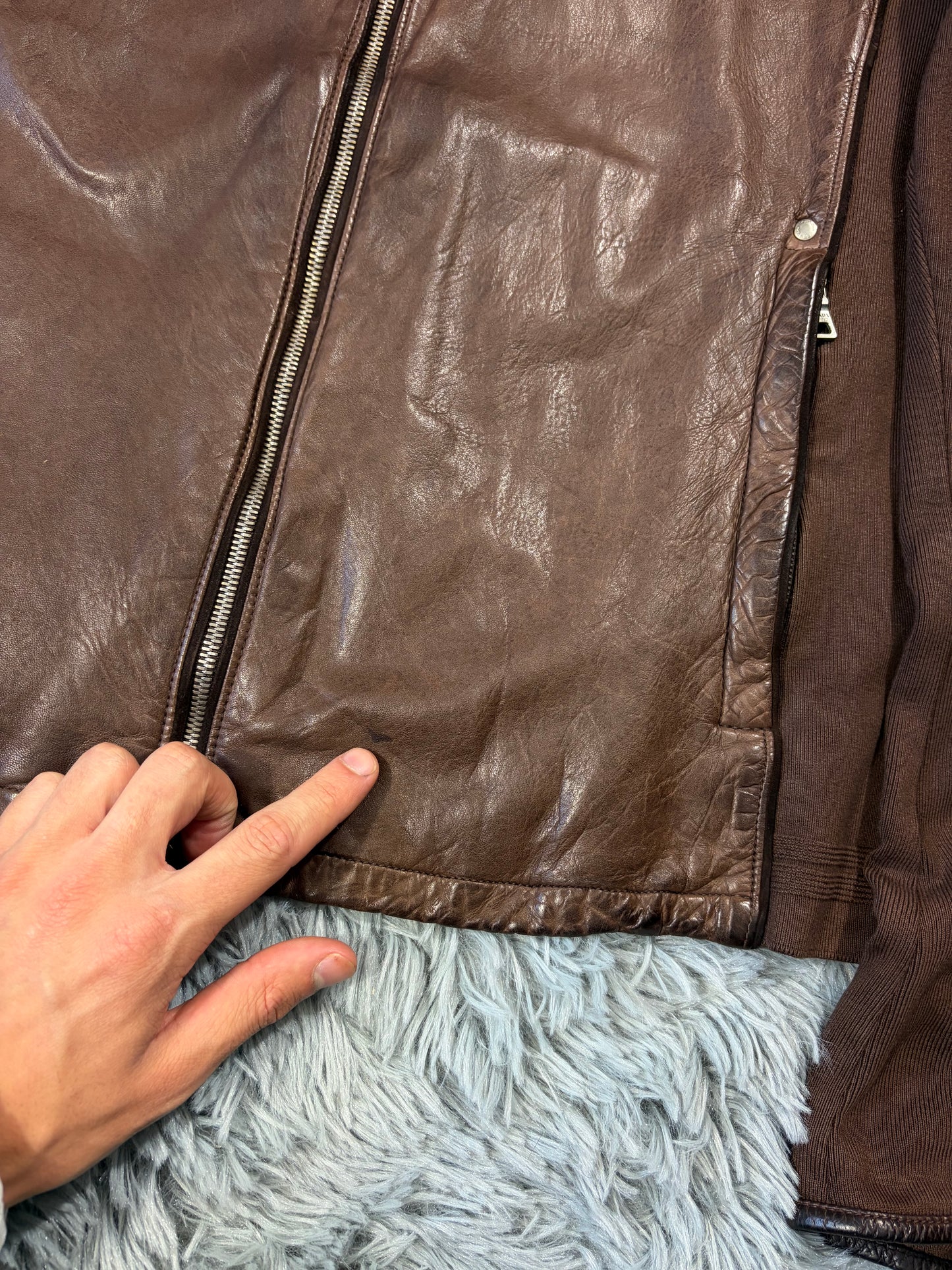 Prada Sport 2004 Brown Leather + Cotton Panelled Biker Jacket - L
