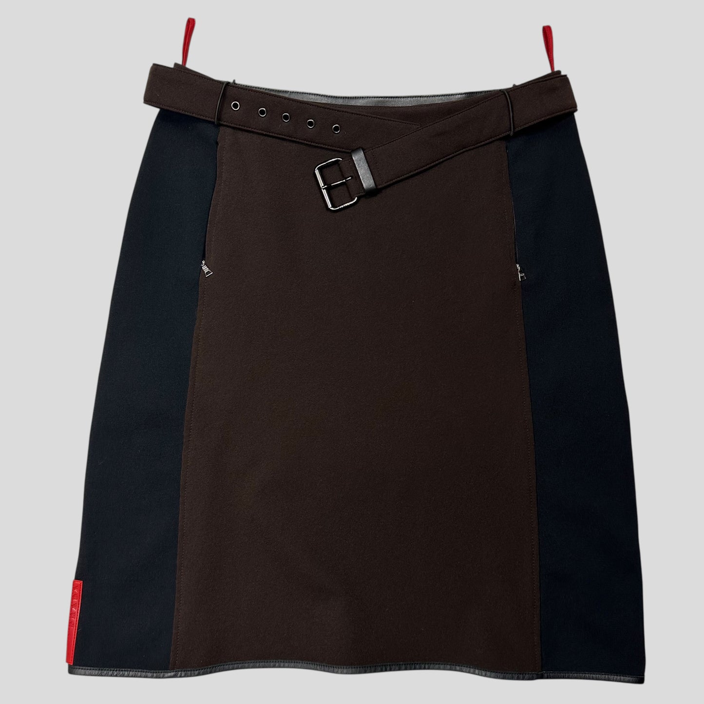 Prada Sport AW00 Wool + Leather Neoprene Panelled Belted Skirt - IT44