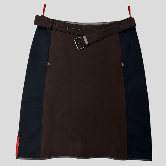 Prada Sport AW00 Wool + Leather Neoprene Panelled Belted Skirt - IT44