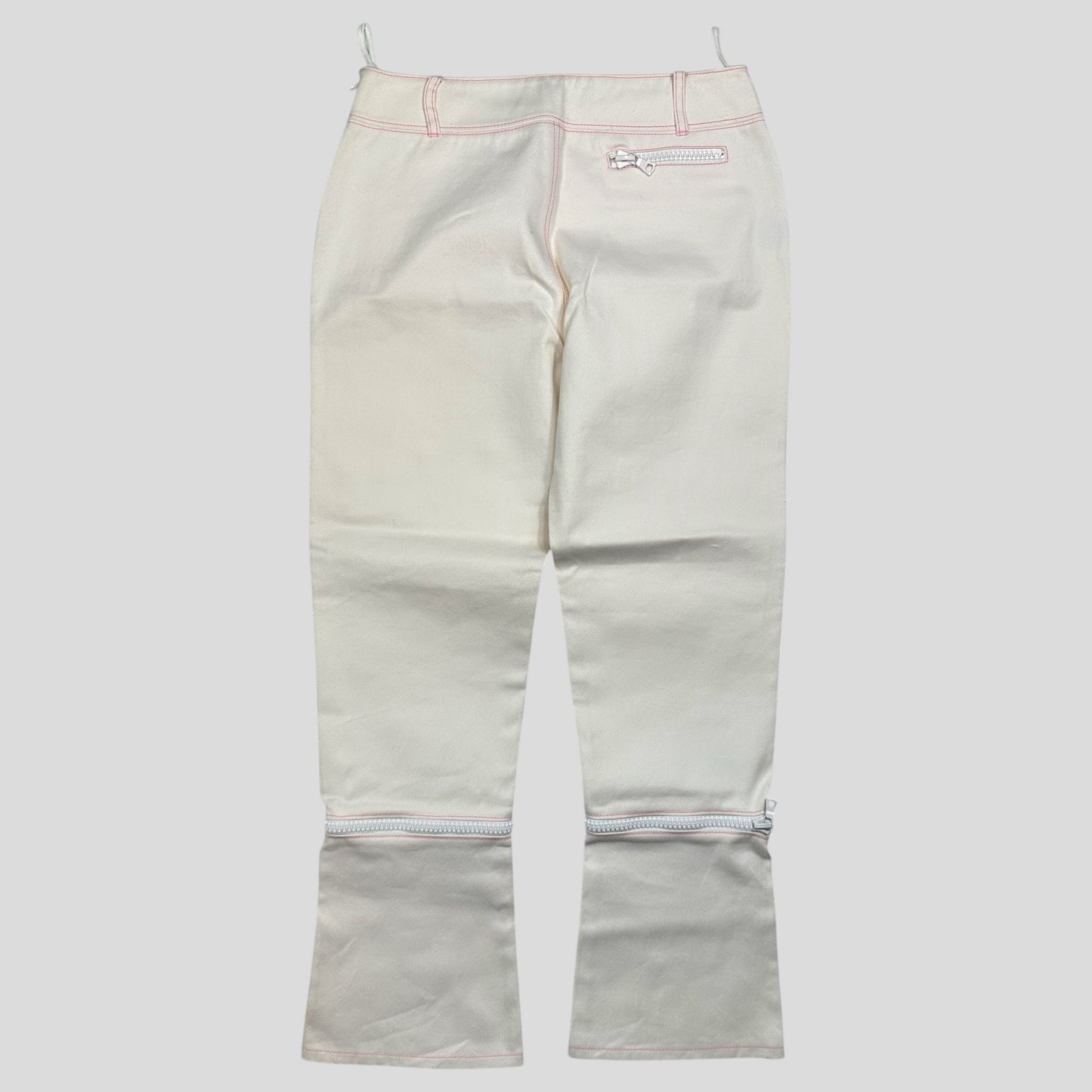 Miu Miu SS00 White and Pink Contrast Stitch Zip-off Bell Trousers - IT42