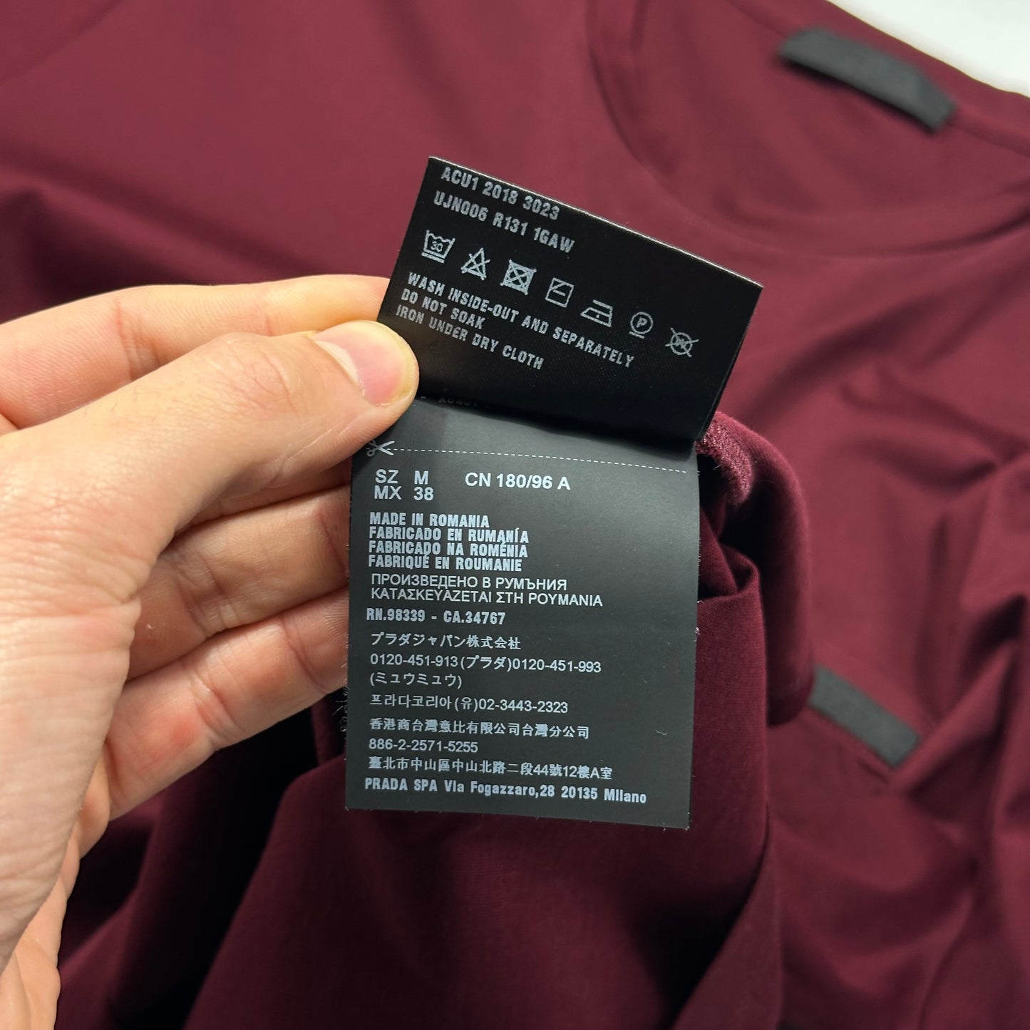 Prada 2018 Burgundy Soft Cotton Pocket Logo T-shirt - M