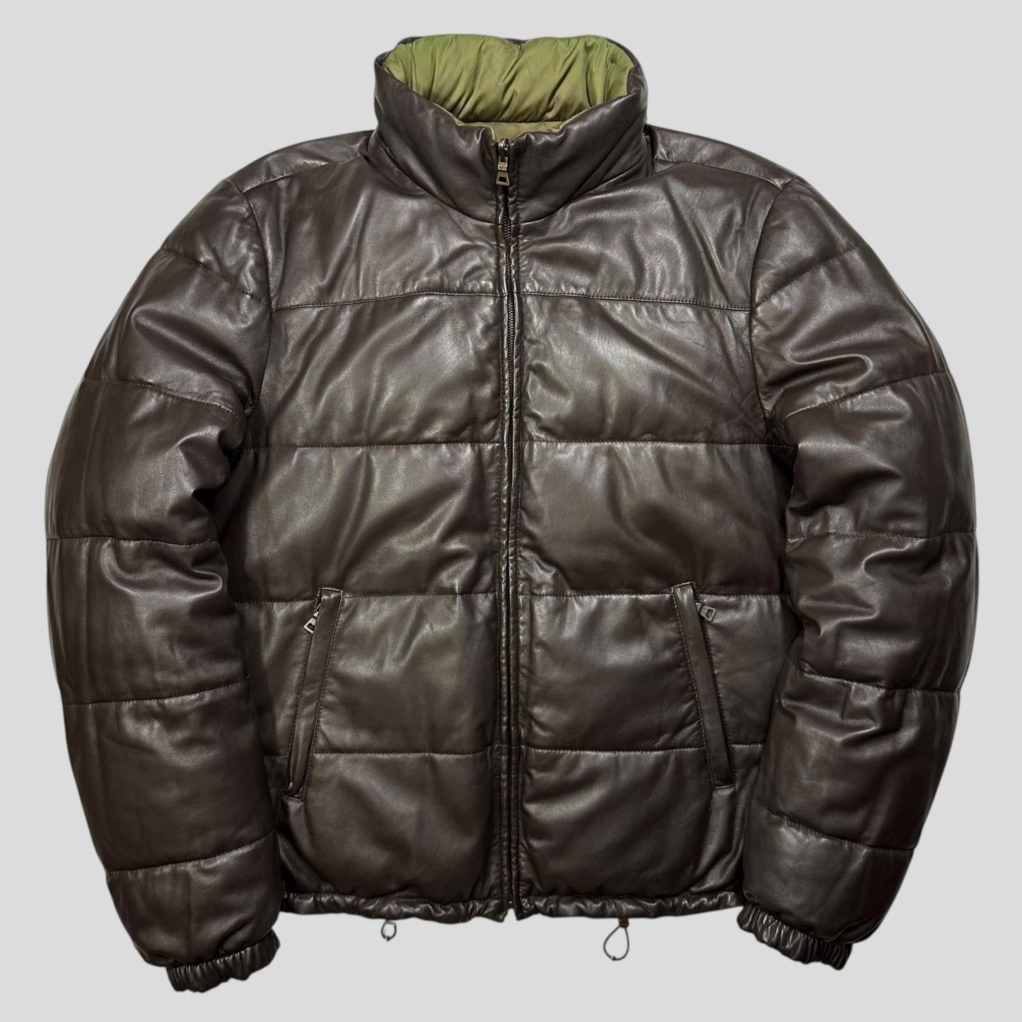 Prada Milano 2012 Leather Reversible Triangle Logo Nylon Puffer Jacket - L