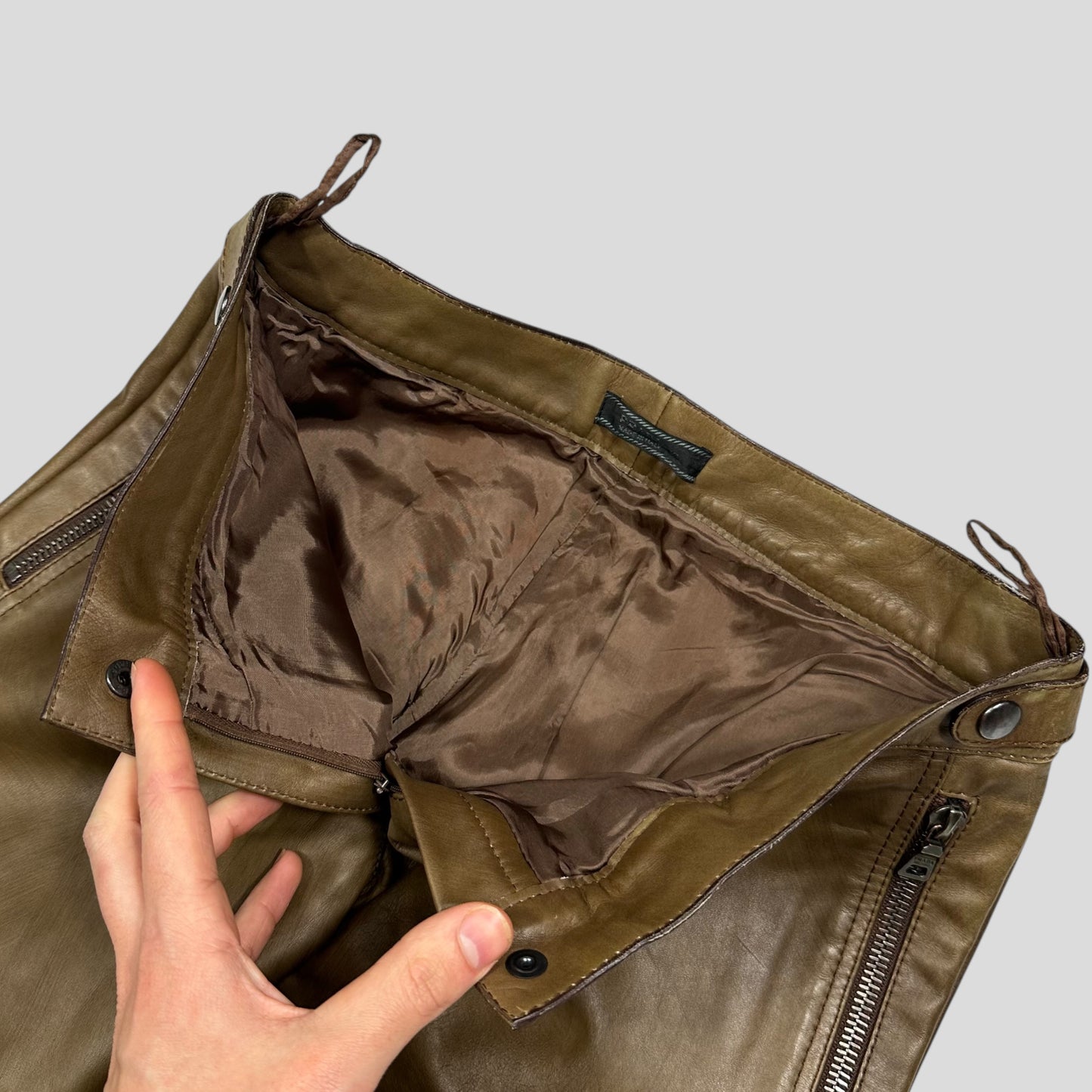 Prada Milano 00’s Khaki Brown Leather Moto Trousers - IT40