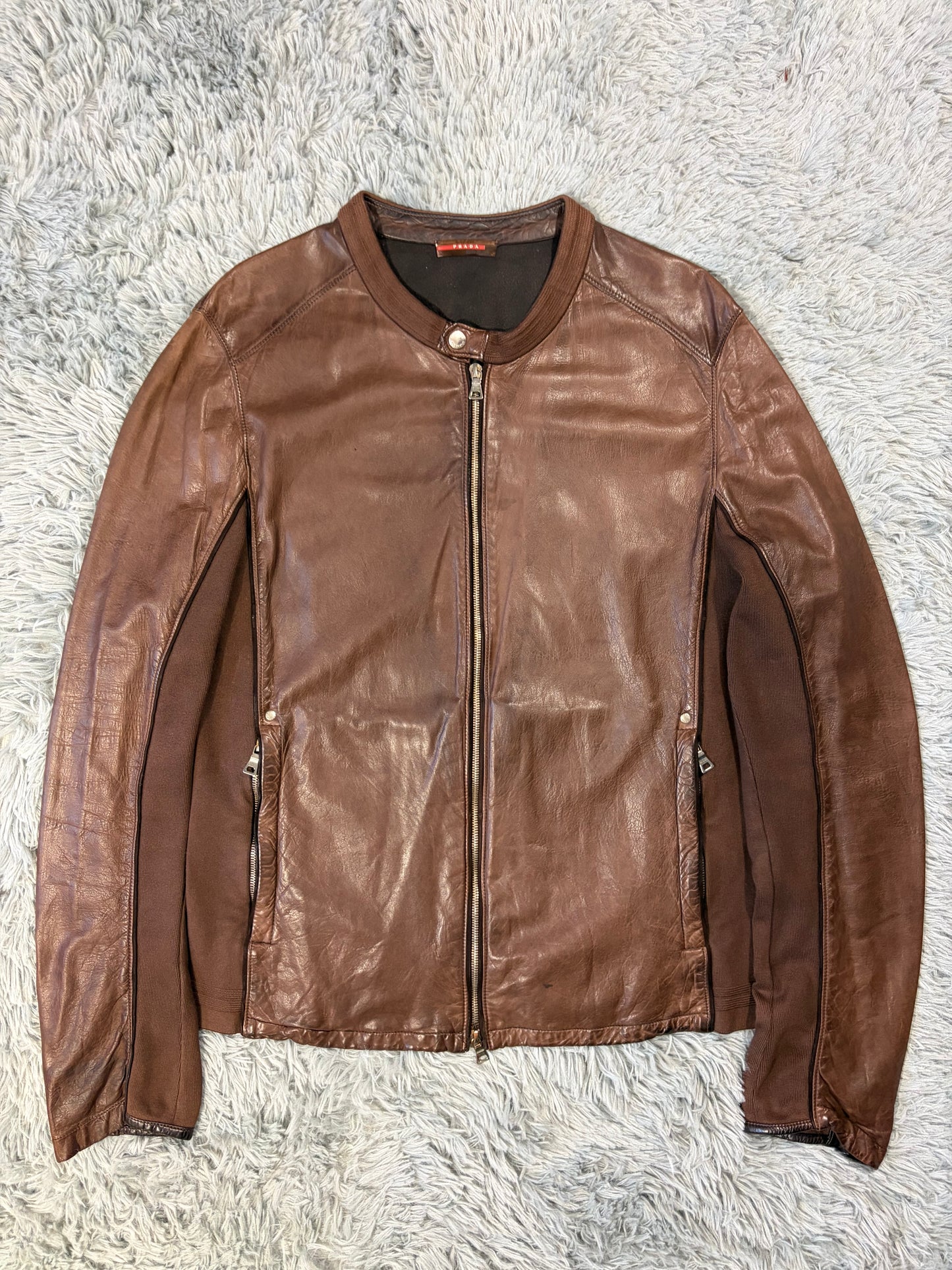 Prada Sport 2004 Brown Leather + Cotton Panelled Biker Jacket - L