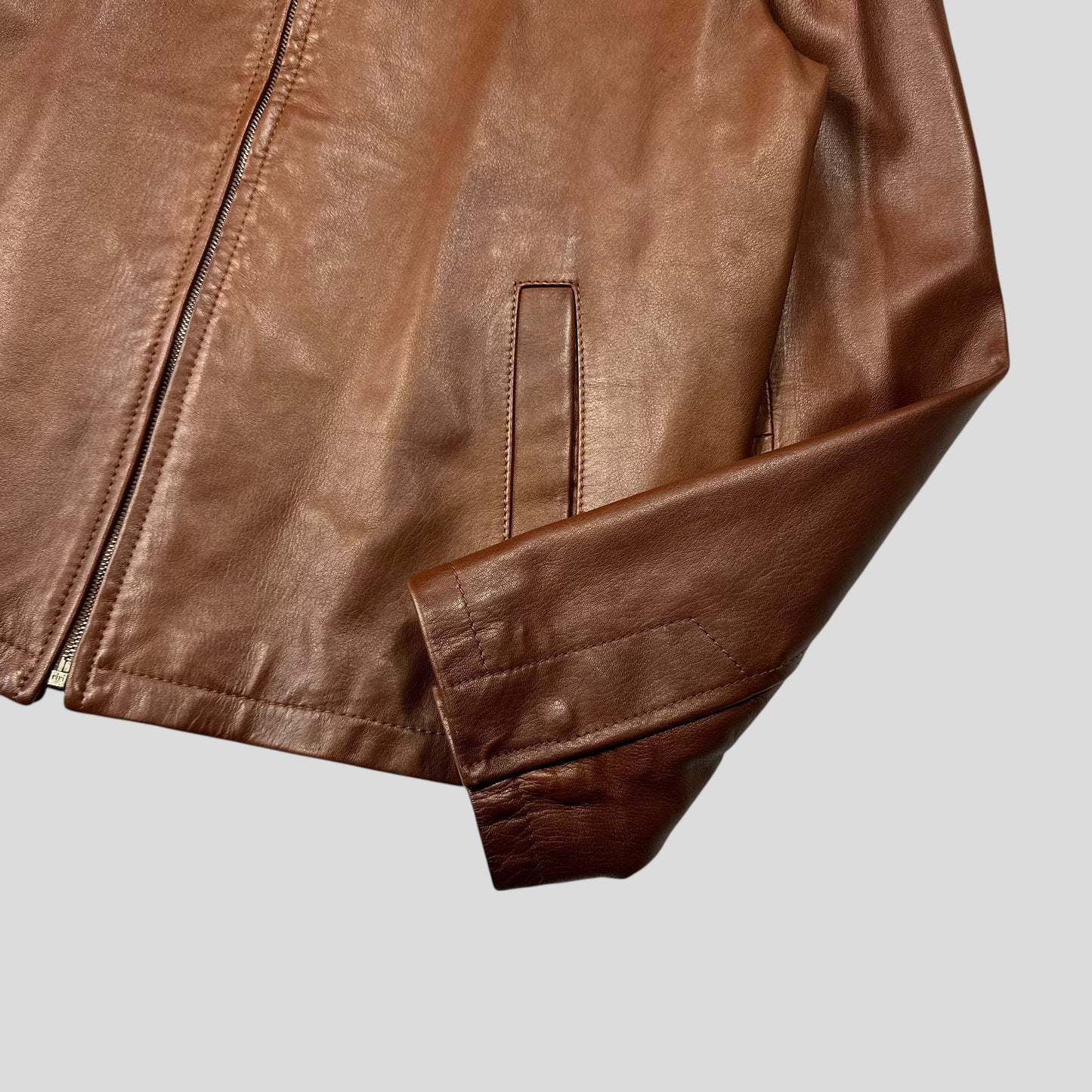 Prada Milano FW98 Whiskey Leather Nylon Lined Zip Work Jacket - IT50