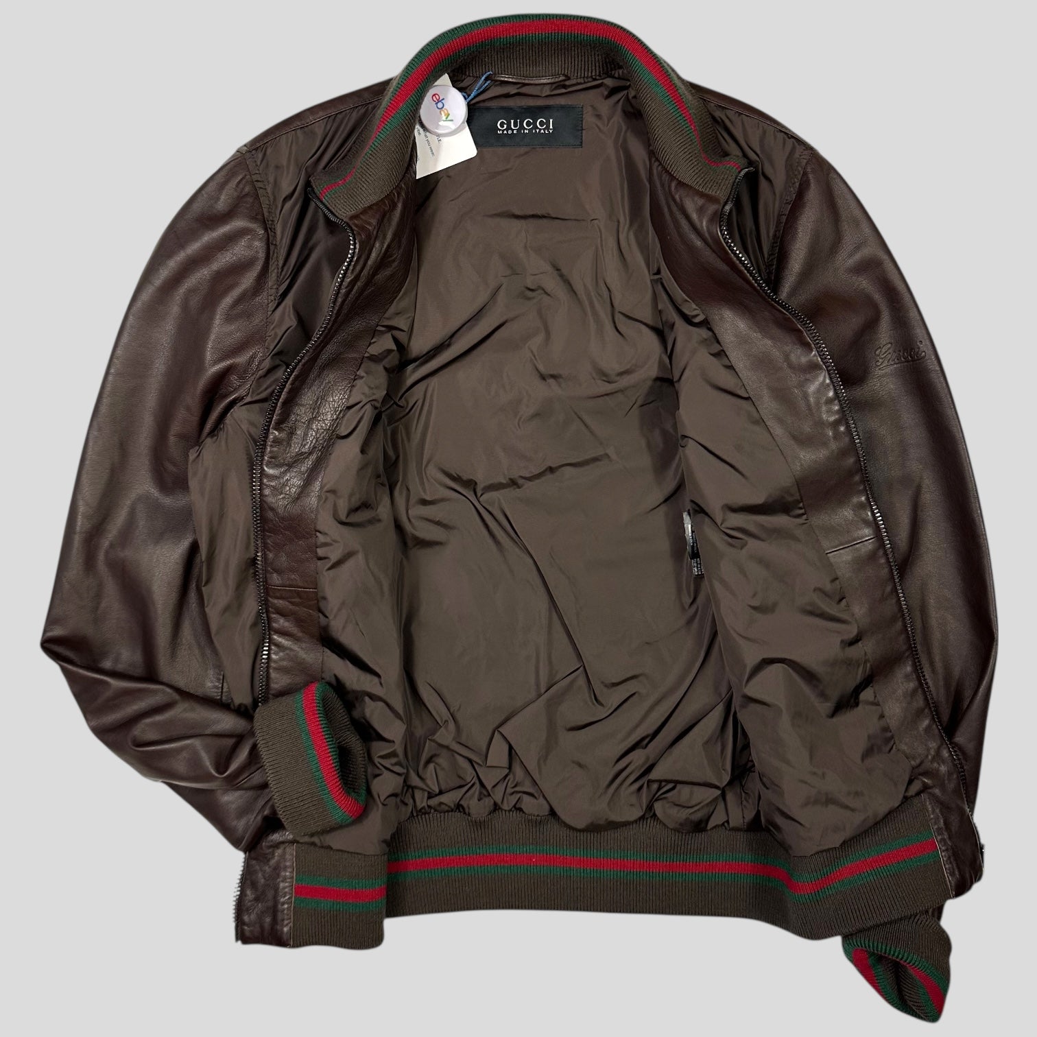 00s Italy製　GUCCI Bomber Jacket SIze-46 Gucci Brown Nappa Leather Hybrid Logo Bomber Jacket - IT46 (S