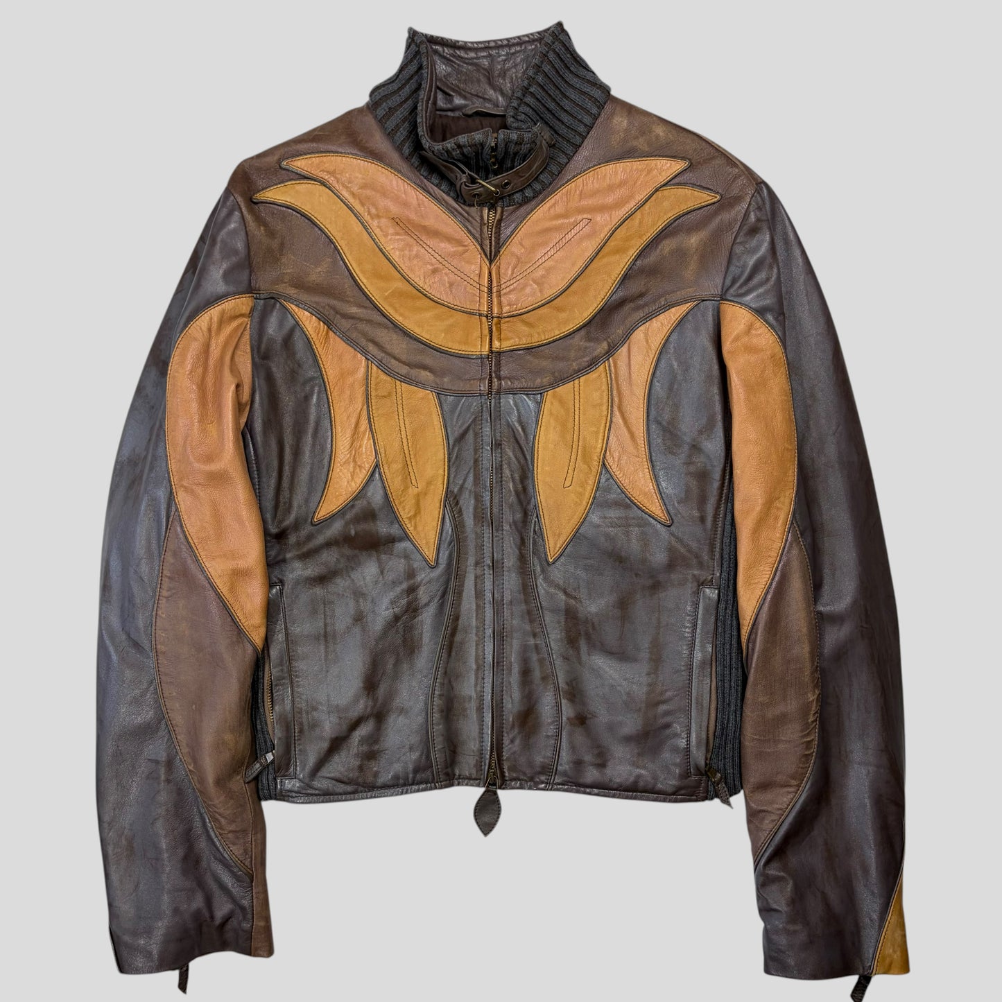 Roberto Cavalli Class 00’s Parrot Patchwork Leather Biker Jacket - M/L