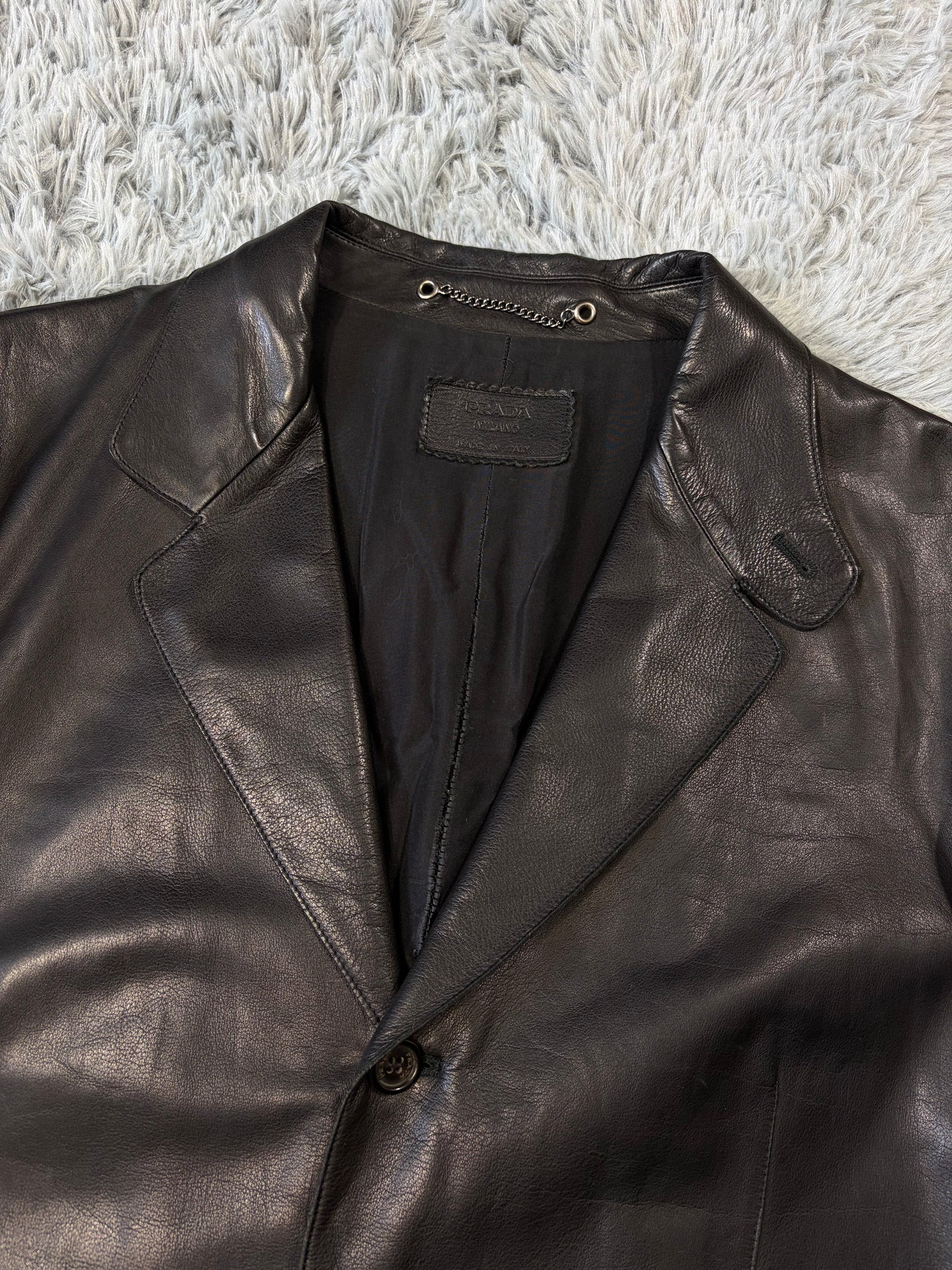 Prada Milano 00’s Black Leather Lined Asymmetric Blazer Coat - IT52