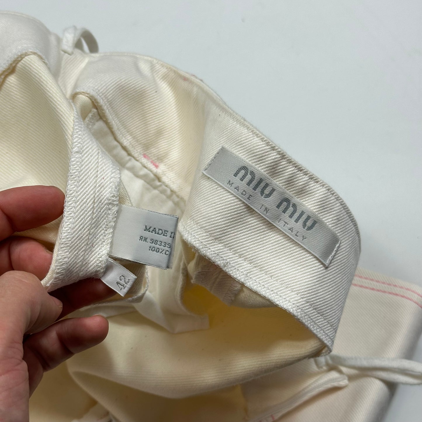 Miu Miu SS00 White and Pink Contrast Stitch Zip-off Bell Trousers - IT42