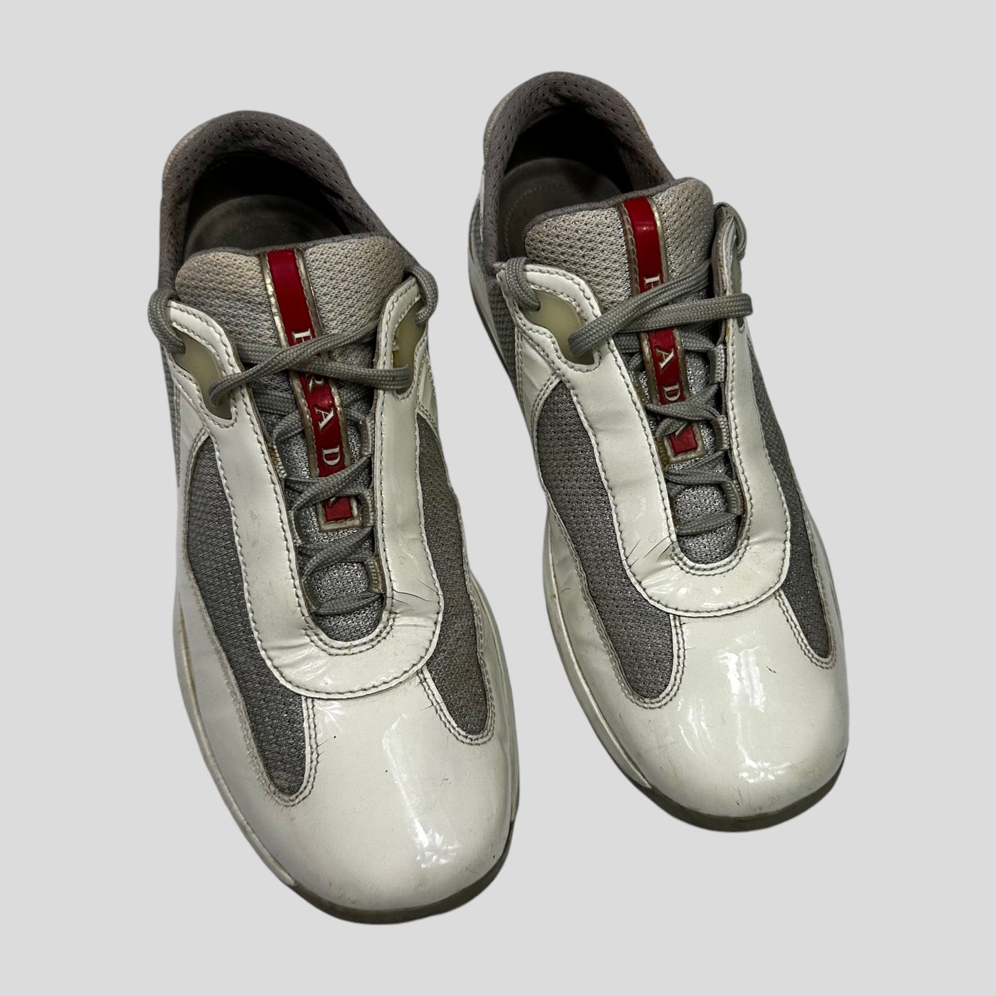 Prada Americas Cup Patent White & Grey Mesh Trainer - UK3.5