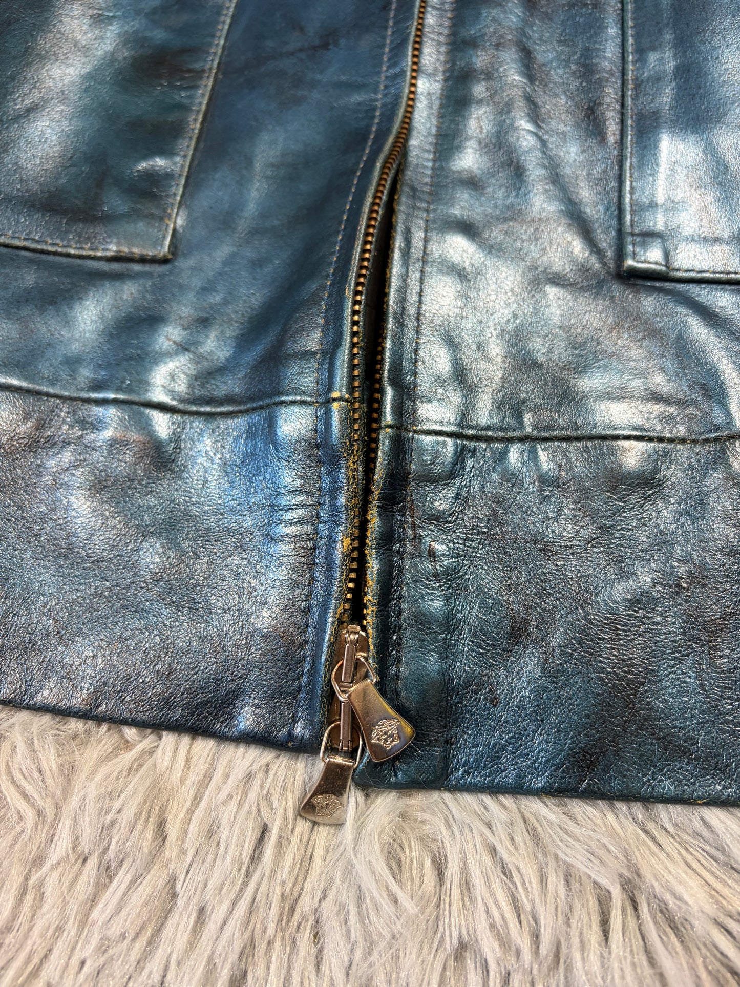 Versace VJC 00’s Blue Leather Metallic Rockstar Jacket - L
