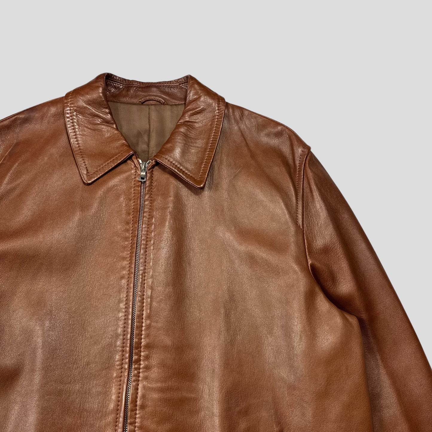Prada Milano FW98 Whiskey Leather Nylon Lined Zip Work Jacket - IT50