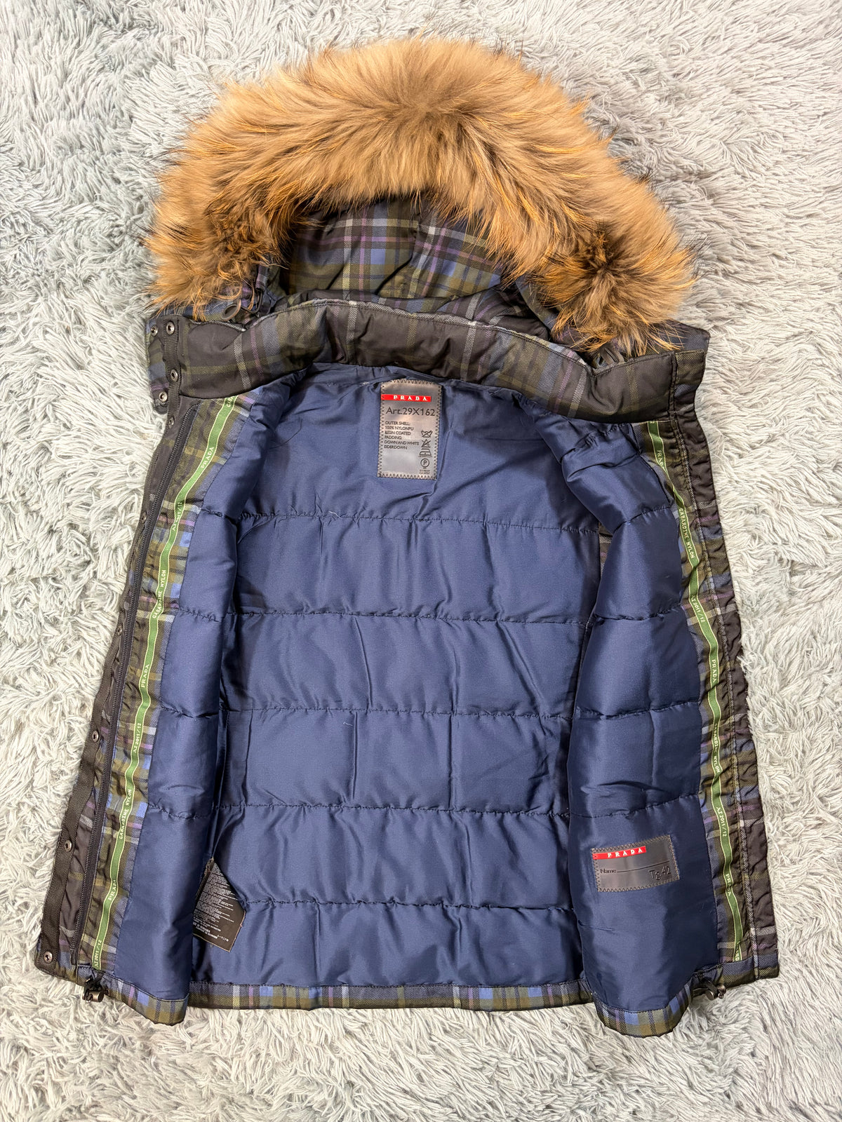 Prada Sport 2011 Shadow Plaid Raccoon Fur Nylon Puffer Gilet - M