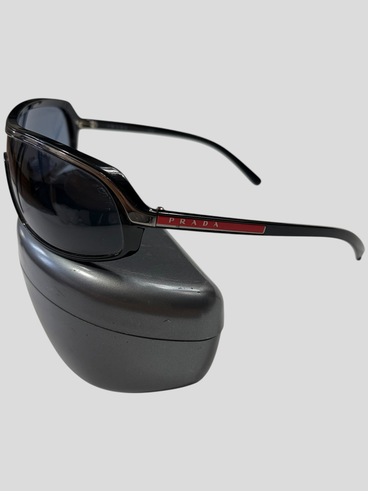 Prada Sport 00’s Red Logo Blue Lens Shield Sunglasses