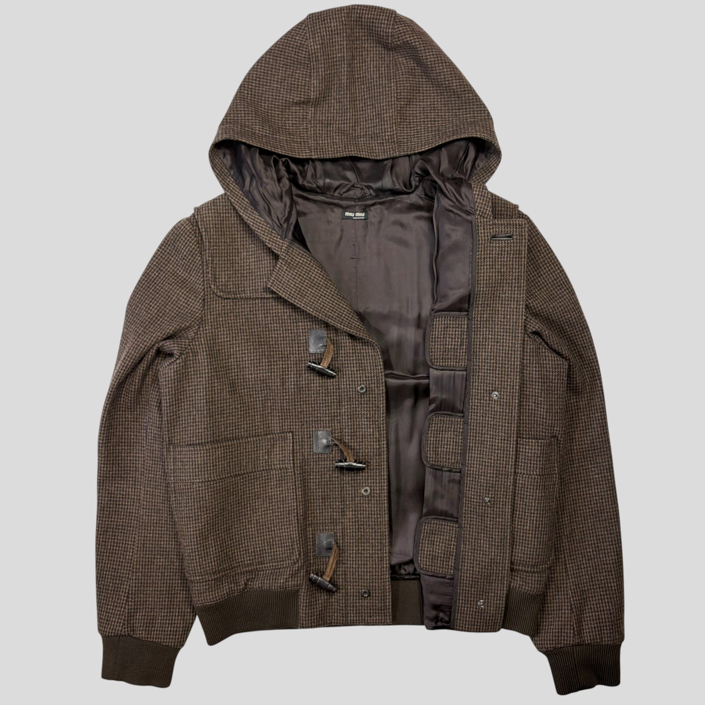 Miu Miu 00’s Herringbone Wool Cropped Duffle Toggle Jacket - IT52