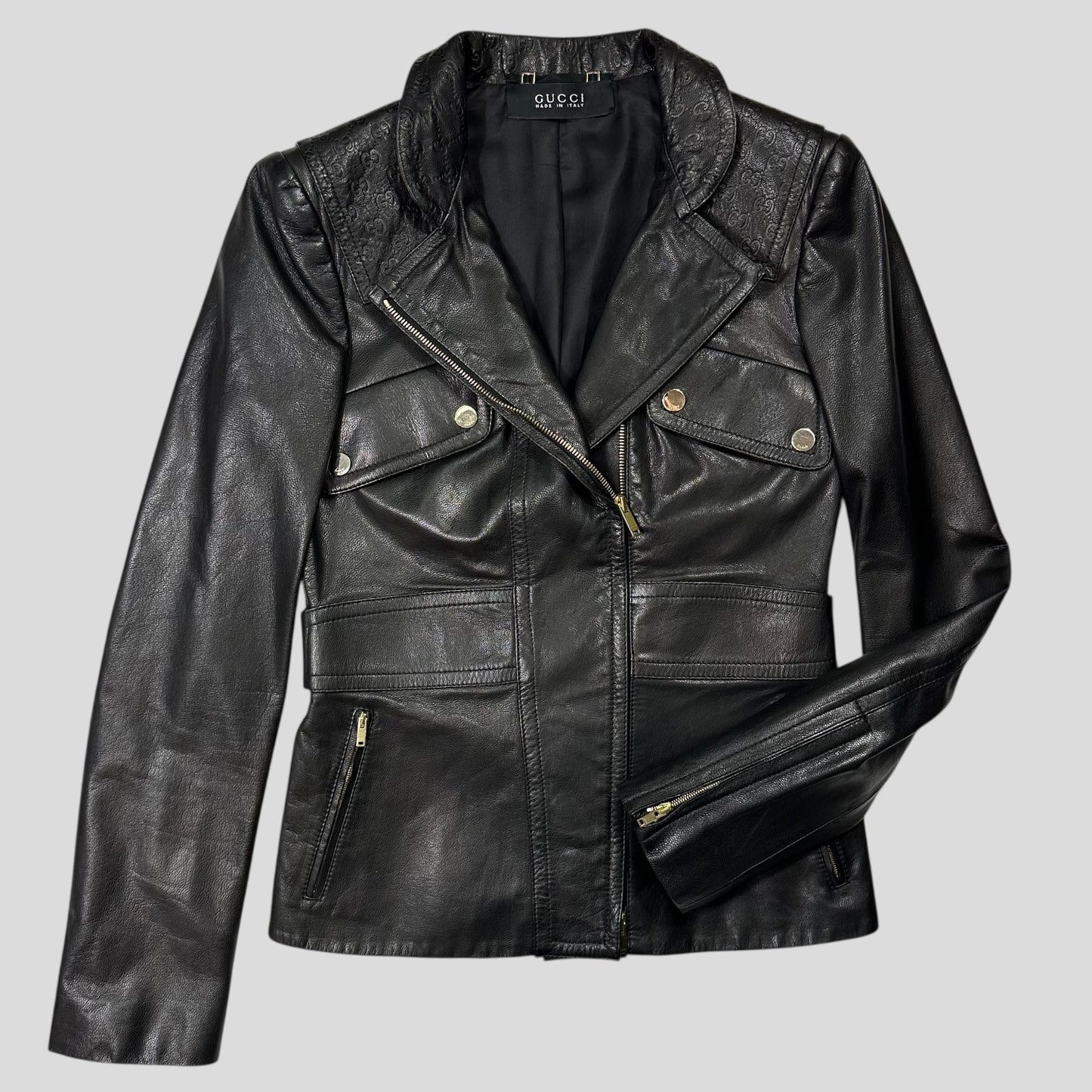 Gucci by Tom Ford 2003 GG Monogram Leather Belted Jacket - IT42